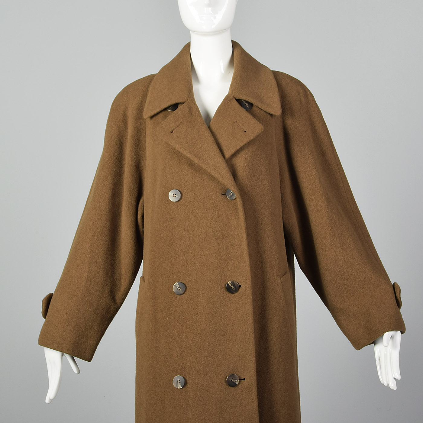 L 1970s Regency Brown Double Breasted Cashmere Winter Coat Raglan