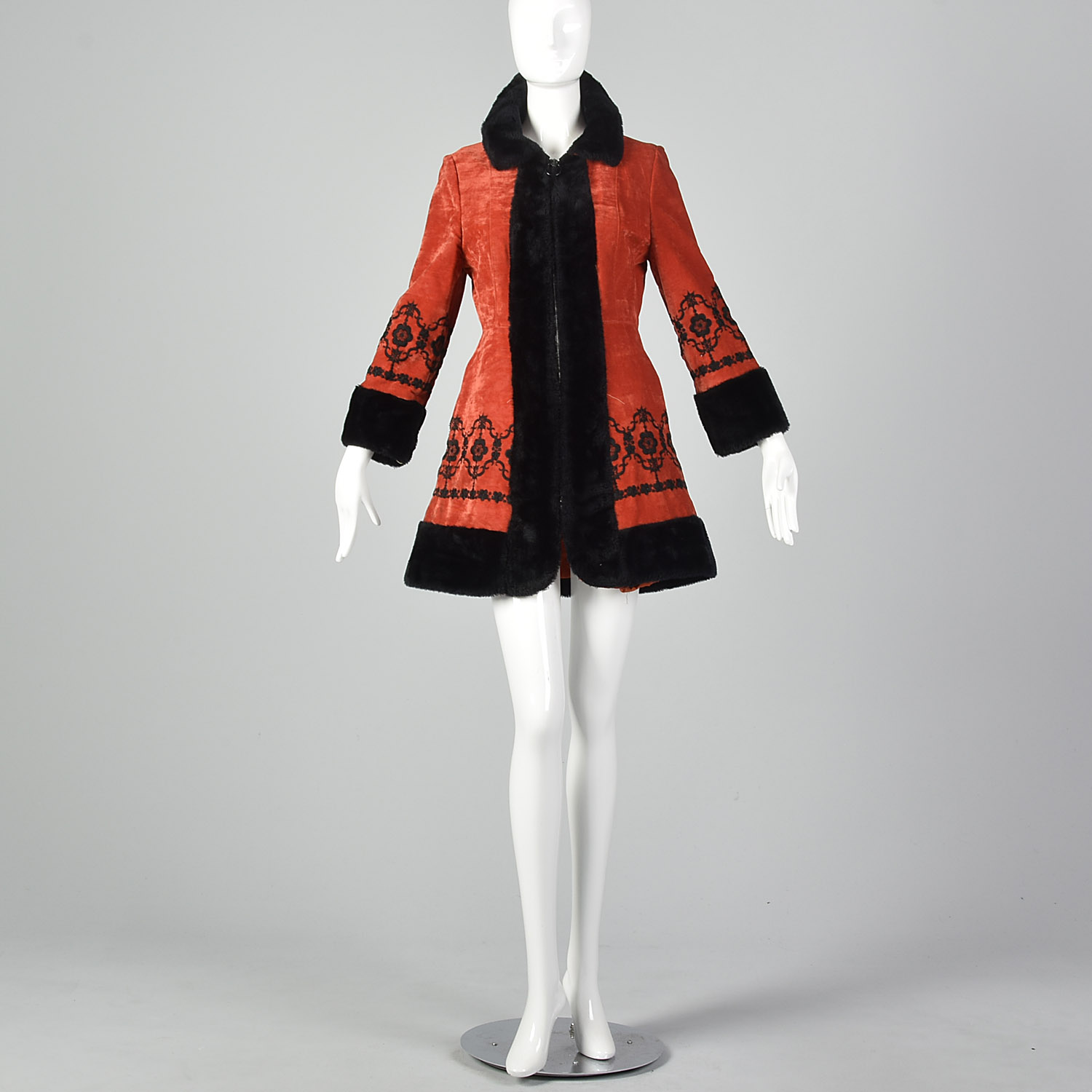 XXS 1970s Red Velveteen Princess Coat Vintage Velvet Coat Russian Style Jacket Embroidered Coat 1960s Coat