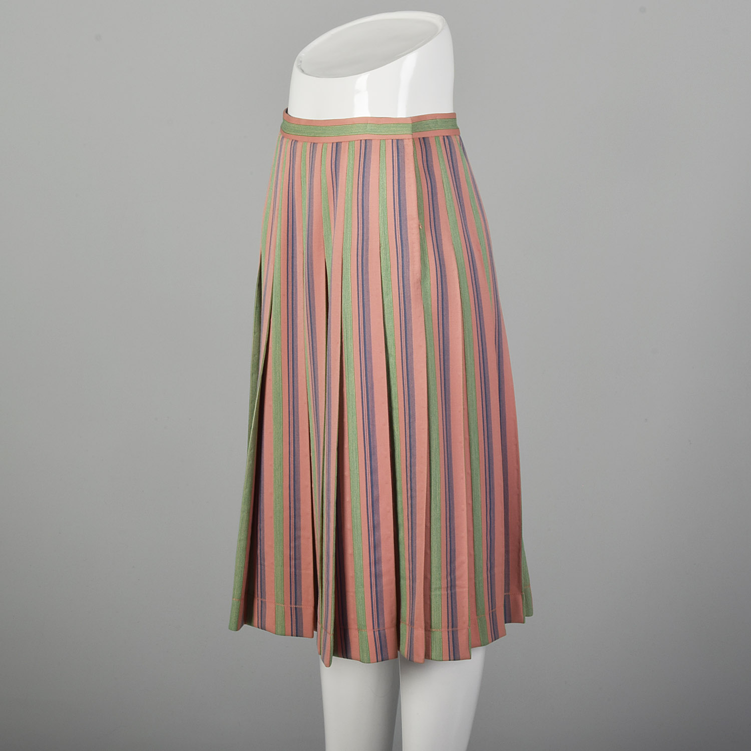 S Valentino 1960s Skirt Pink Pleated Green Candy Stripe Wool