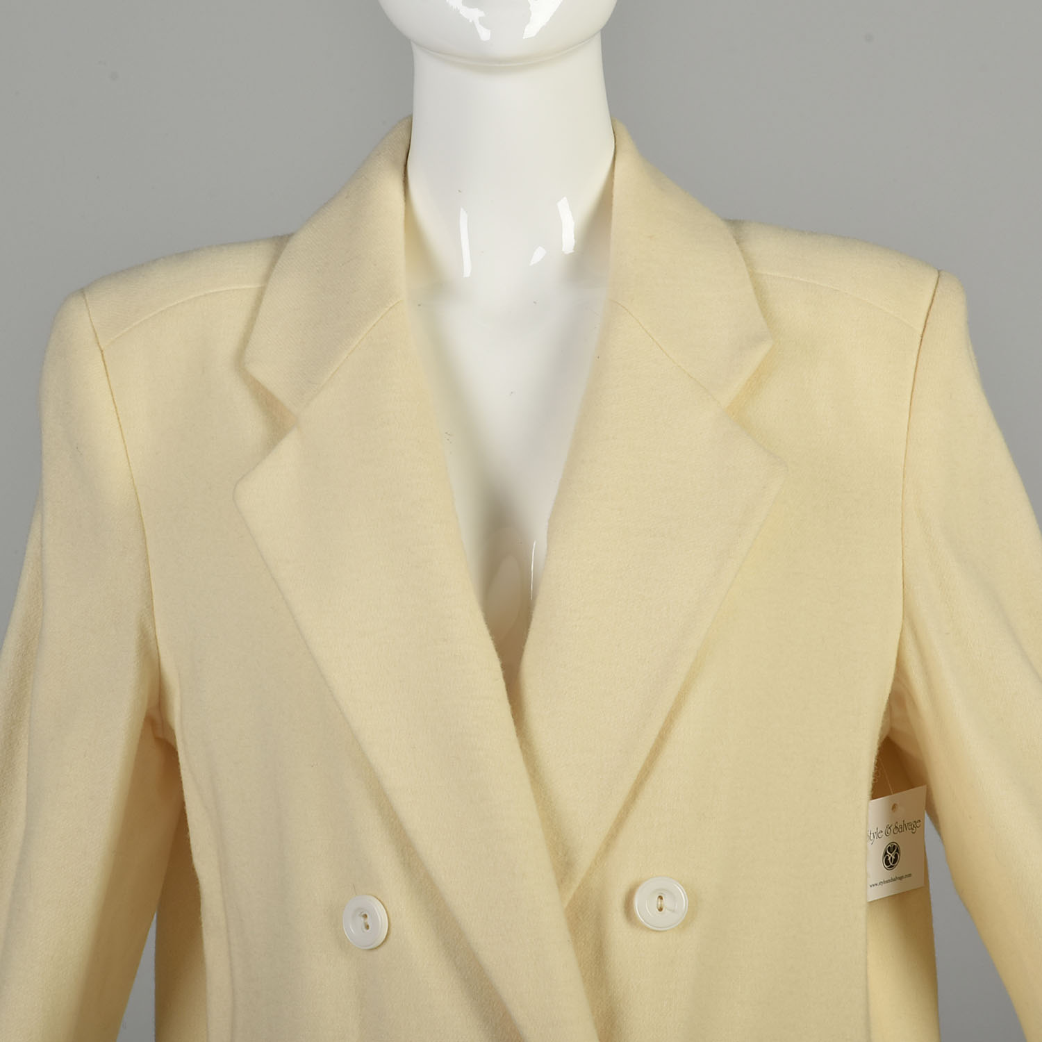 Large 1980s Cream Wool Coat Ivory Off-White Double-Breasted Long
