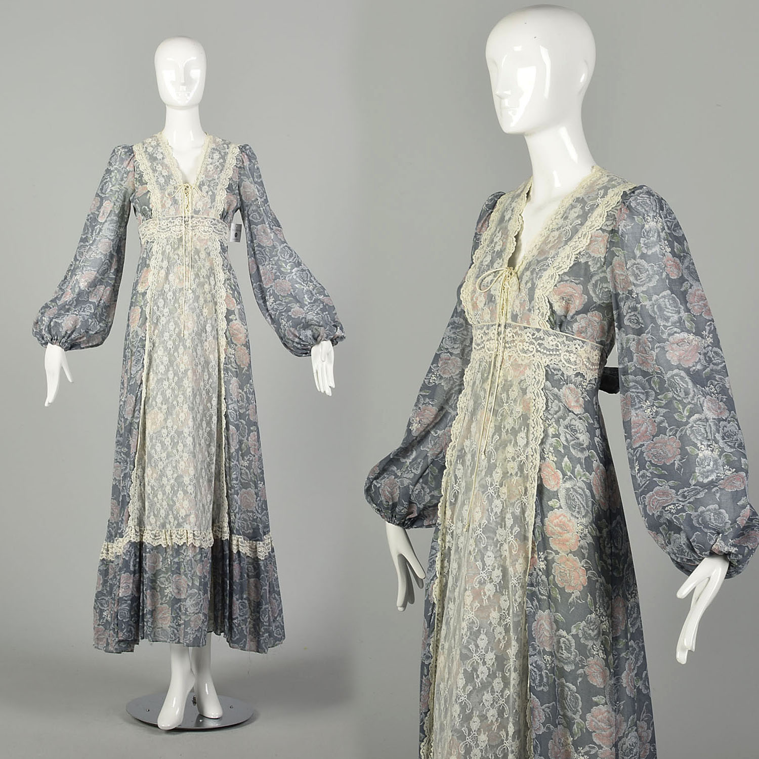 XS 1970s Gunne Sax Lace Up Corset Prairie Dress Floral Print Maxi