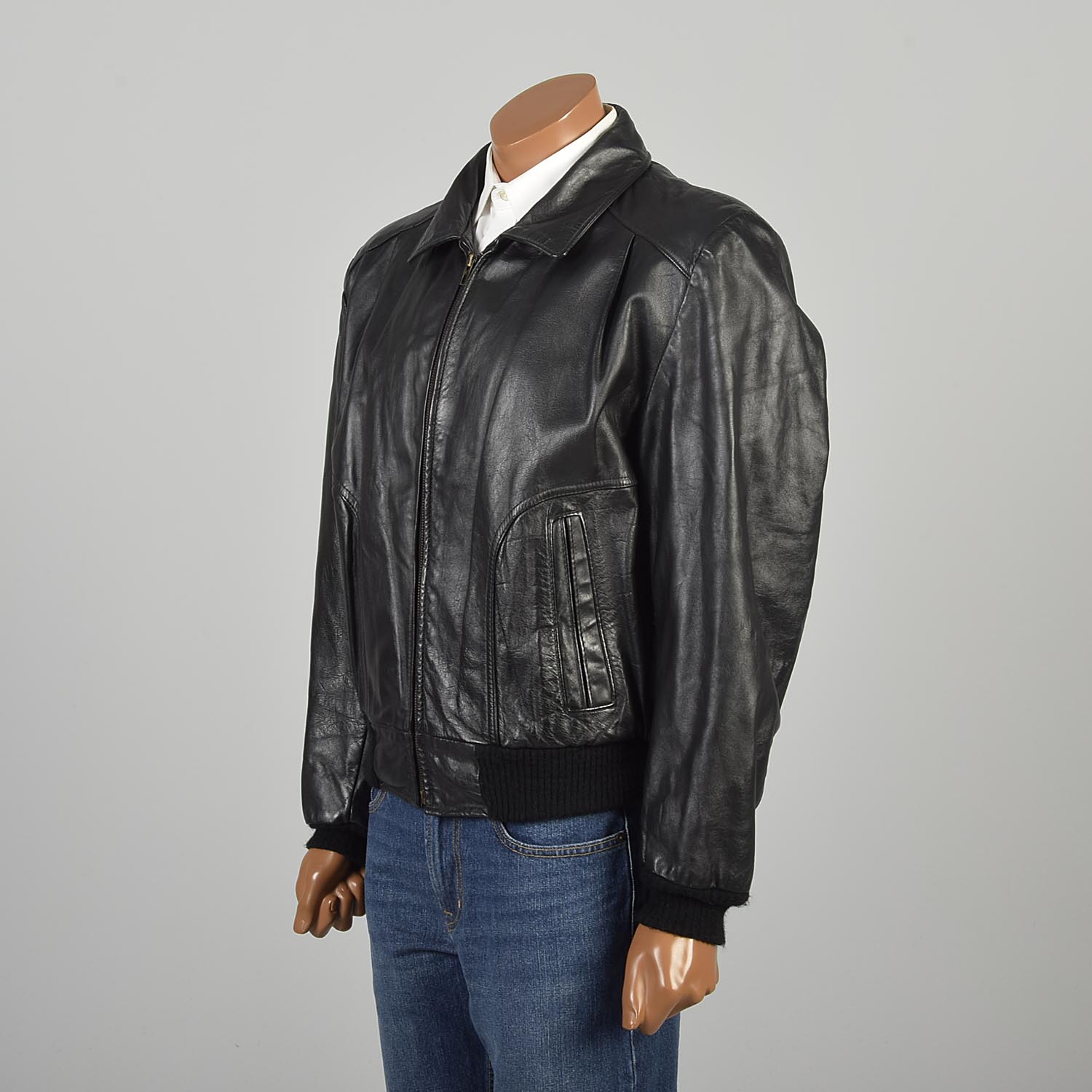 XL 1980s Classic Black Leather Bomber Zip Up Jacket Ribbed