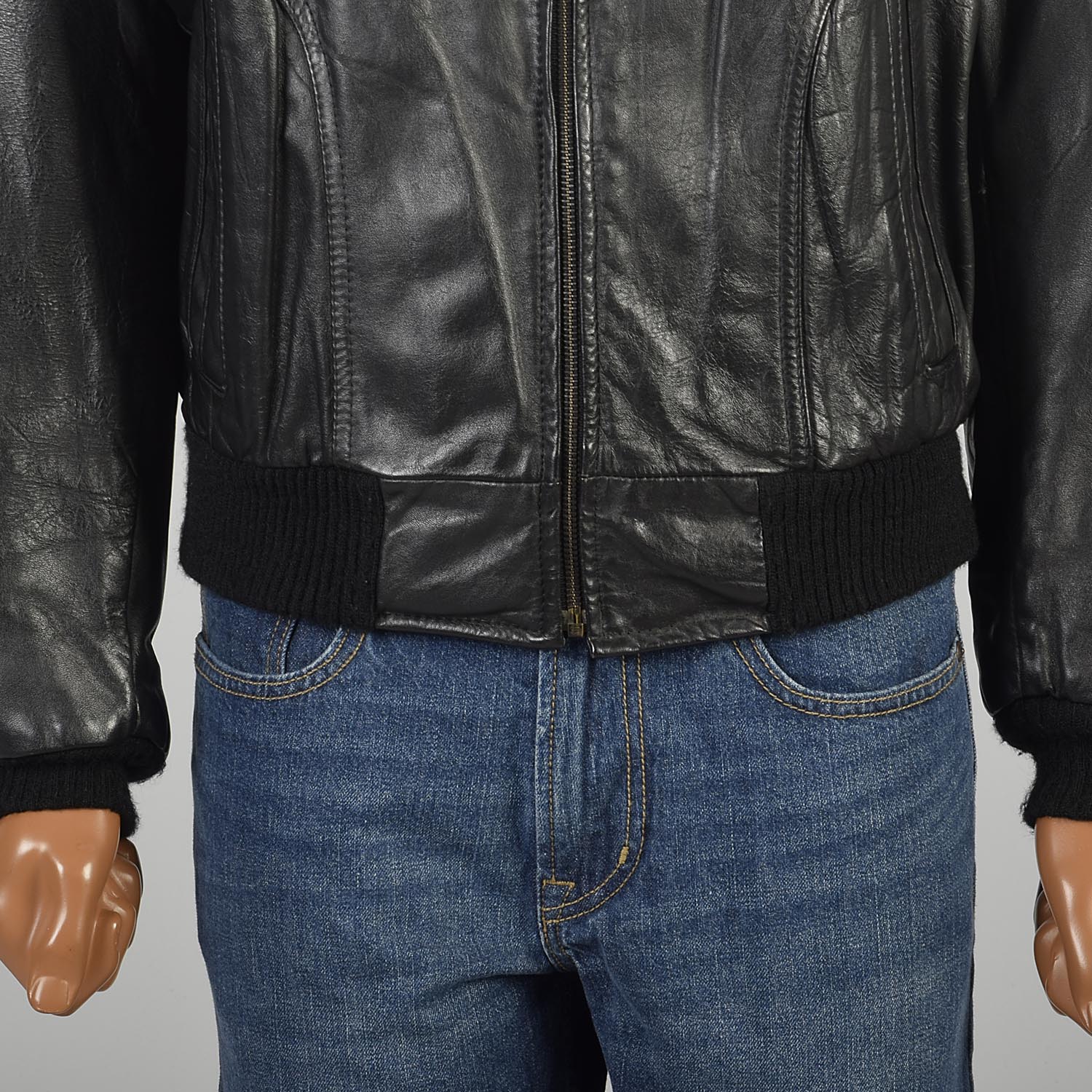 XL 1980s Classic Black Leather Bomber Zip Up Jacket Ribbed