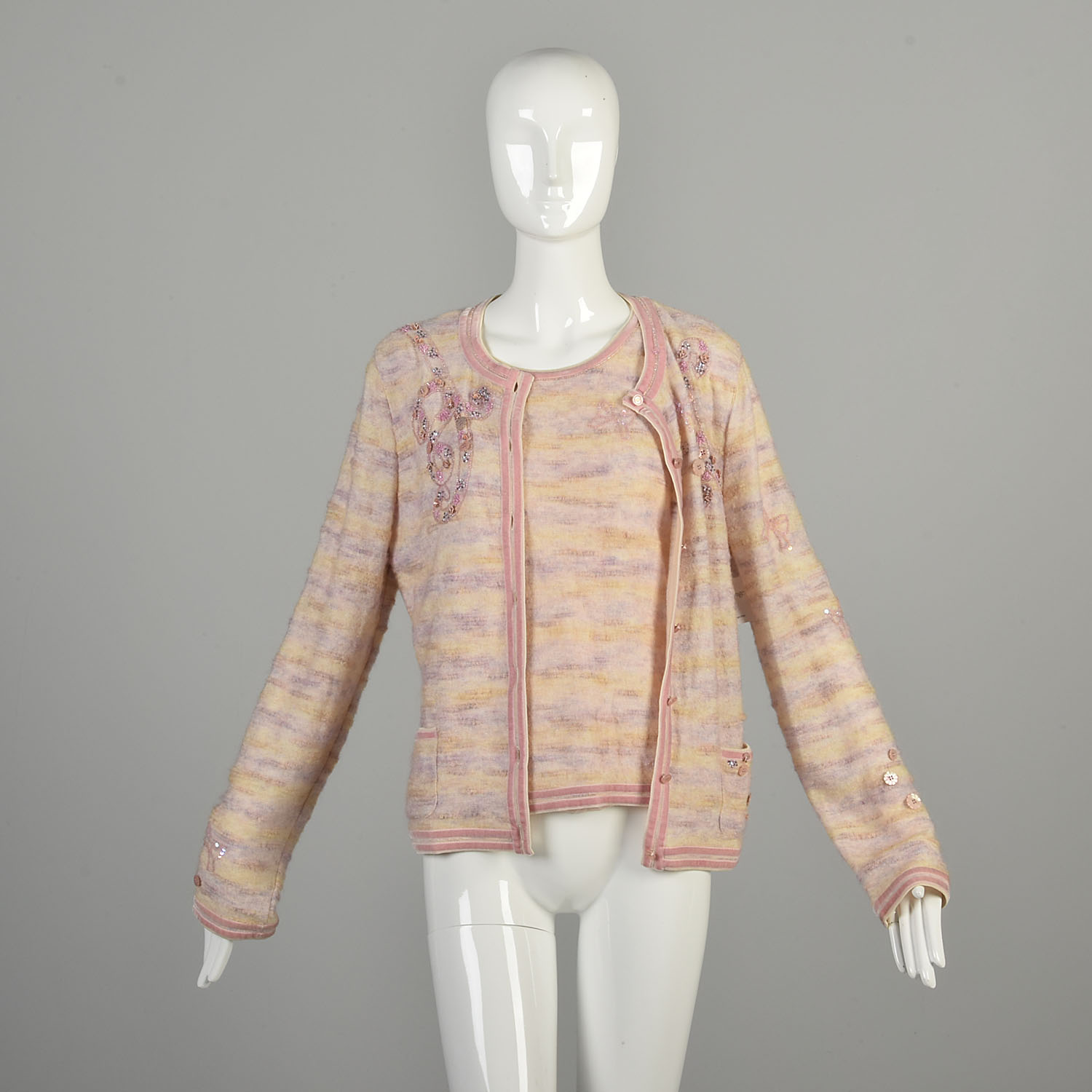 Large 2000s Cardigan Set Twin Set Knit Sweater Baby Pink Beaded 