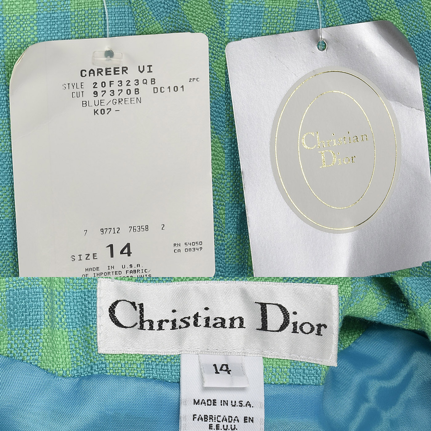 チャート　4/5P XL 1990s Christian Dior NOS Suit Blue Green Gingham Pencil Skirt
