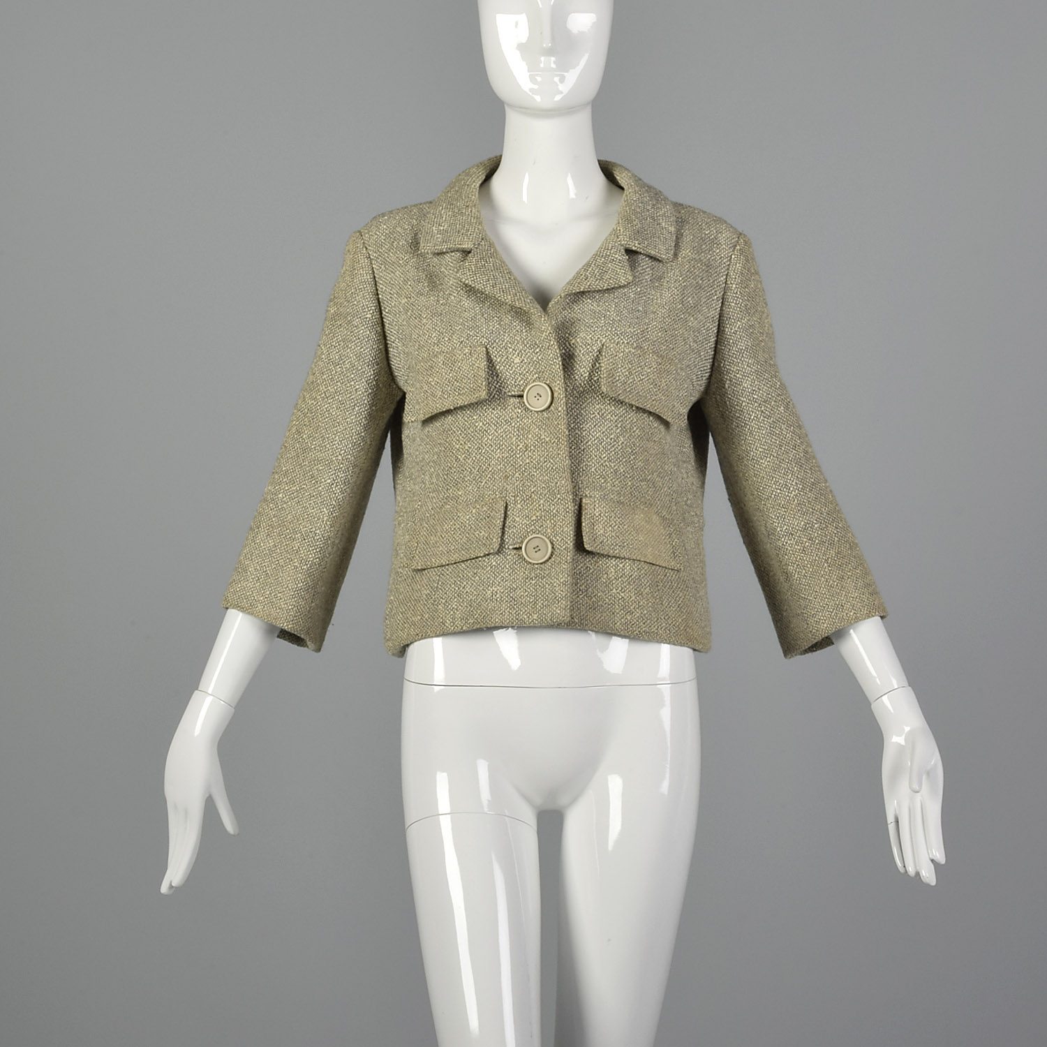 ◇KHAKIPOINT◇ Antique Crop Tweed Jacket ivory Women's Ochre Tweed Short Sleeve Crop Jacket | ME+EM