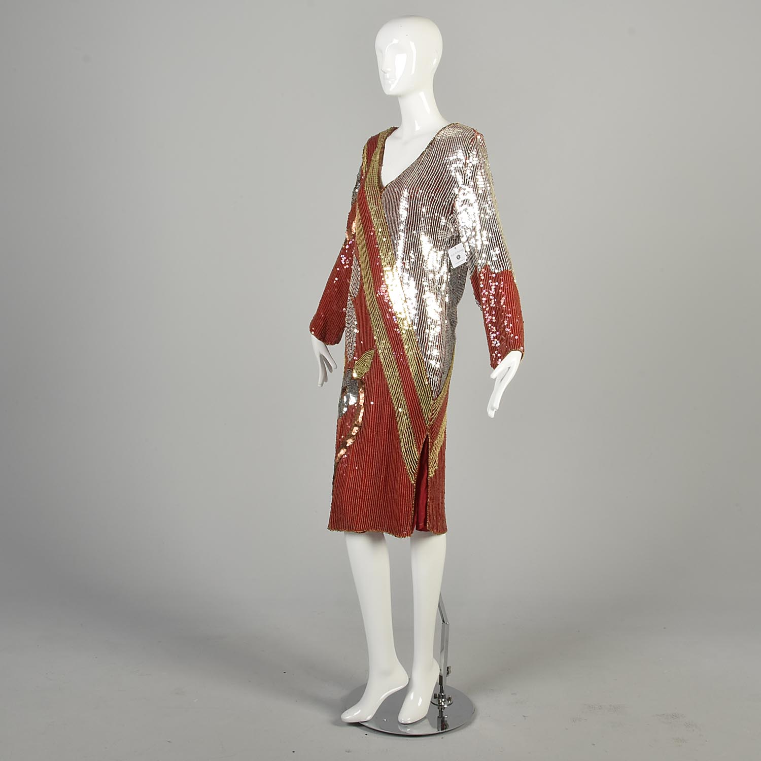 1970s cocktail dress Medium 1970s Red Silk Asymmetrical Cocktail Dress Gold Silver Sequin Party  Dress