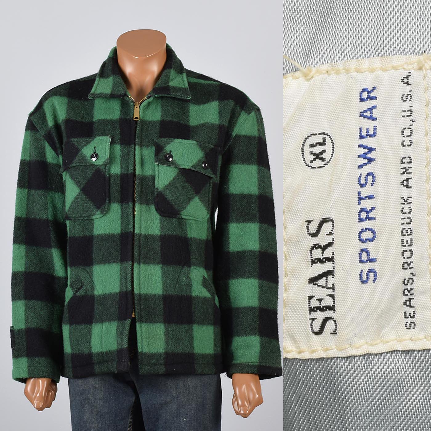 Xl 1960s Mens Green Black Buffalo Check Lumberjack Hunting