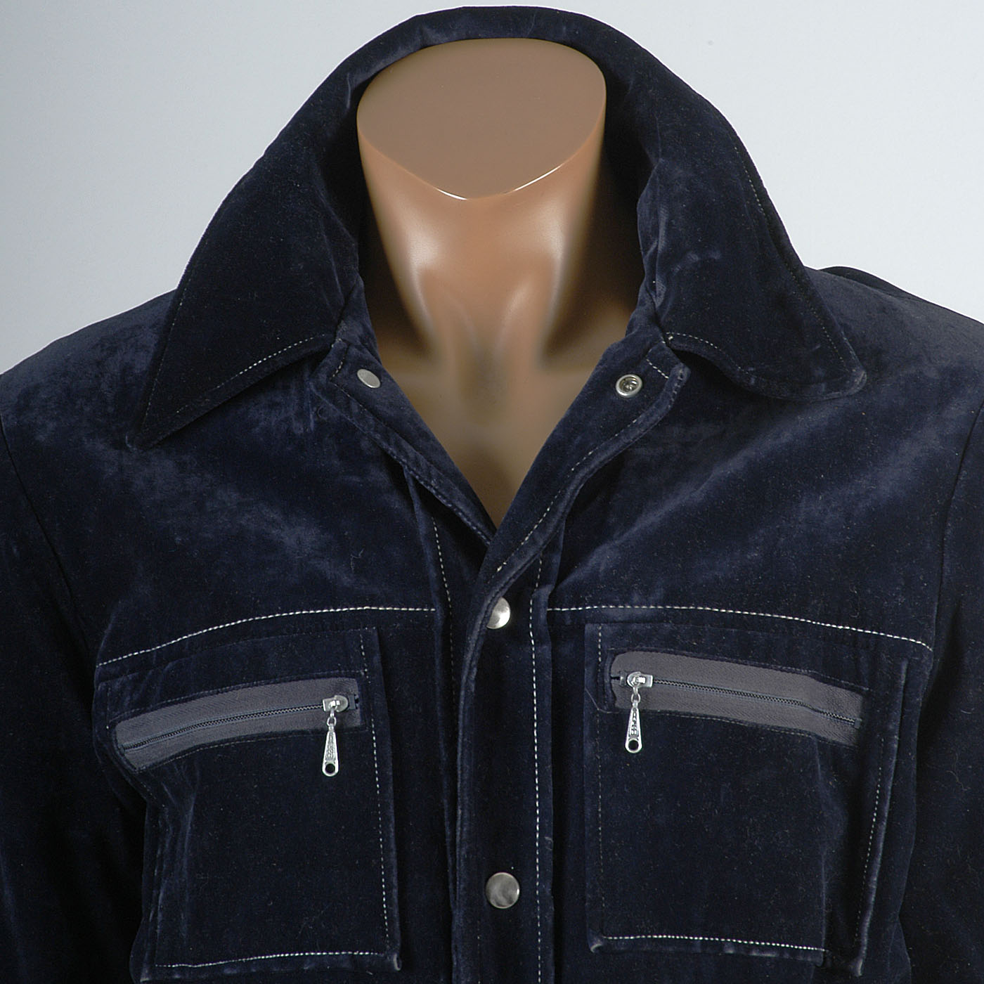 M 1970s Mens Mod Blue Velveteen Velour Velvet Zip Patch Pocket