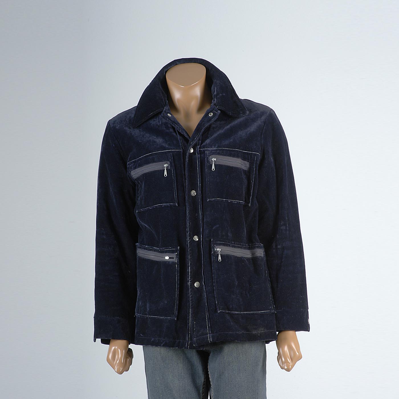 M 1970s Mens Mod Blue Velveteen Velour Velvet Zip Patch Pocket