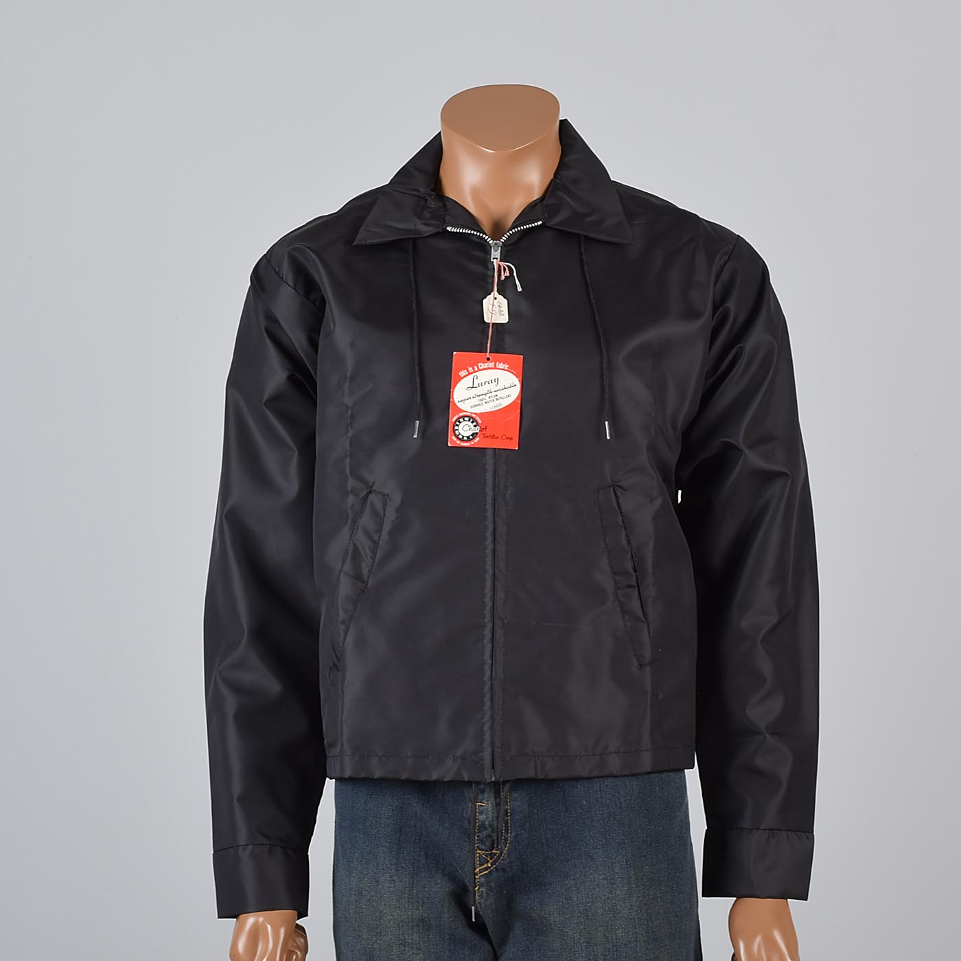 L 1960s Mens NOS Black Nylon Windbreaker Car Club Hotrod Jacket Racer