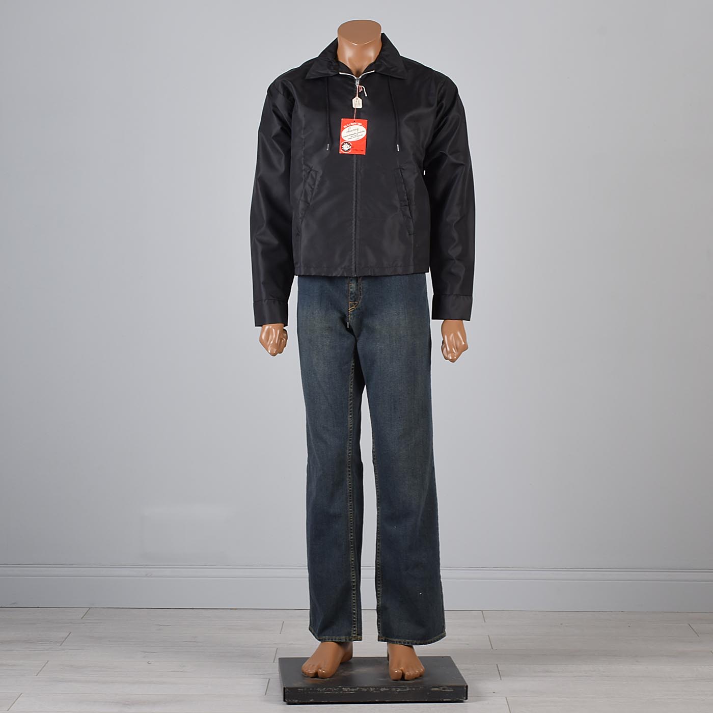 L 1960s Mens NOS Black Nylon Windbreaker Car Club Hotrod Jacket