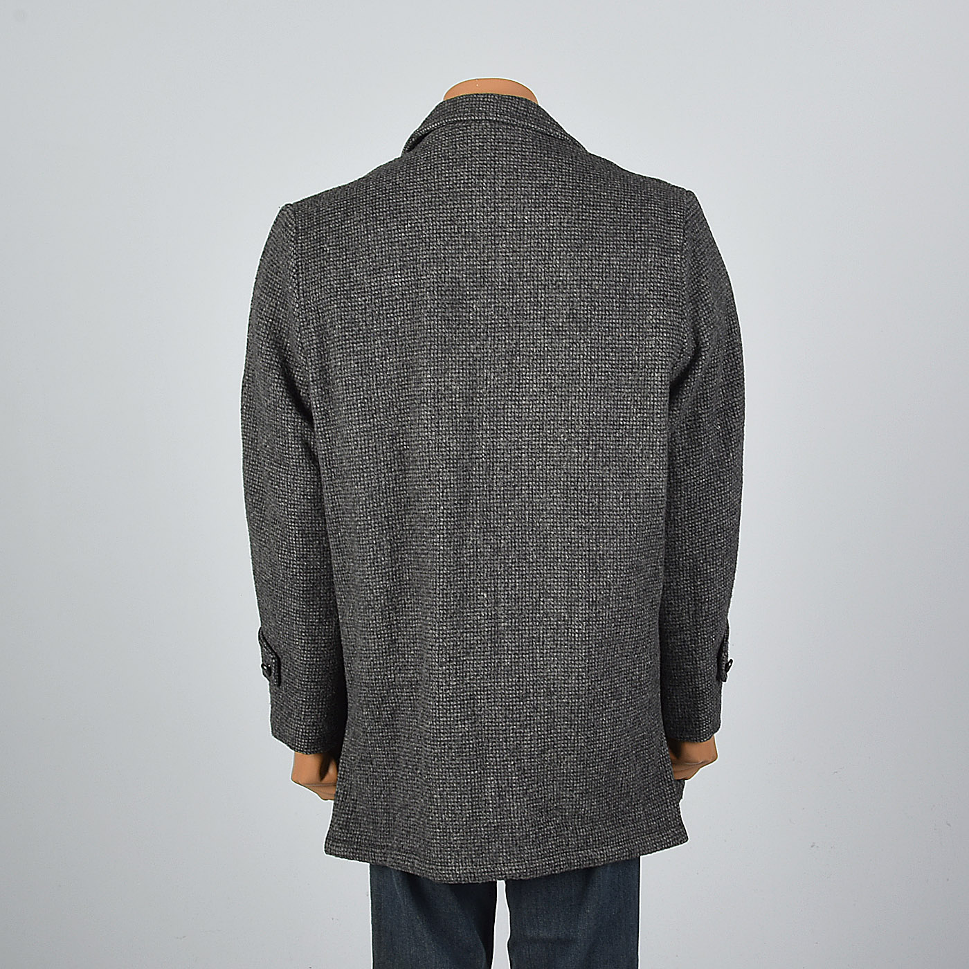 42L 1950s Mens Black Gray Wool Car Coat Winter Overcoat Long