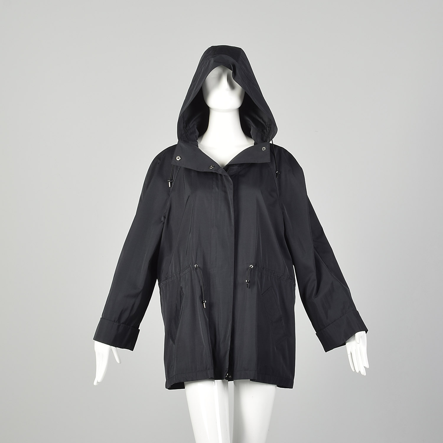 Large Black Raincoat Lightweight Jacket All Weather Hood Drawstring