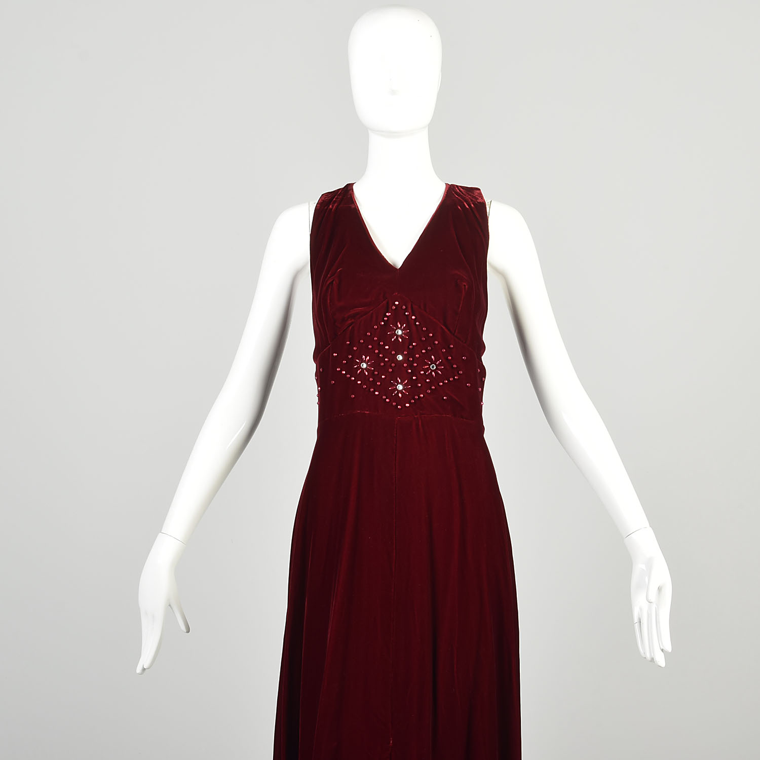 Large 1970s Red Velvet Dress Beaded Waistband Sleeveless