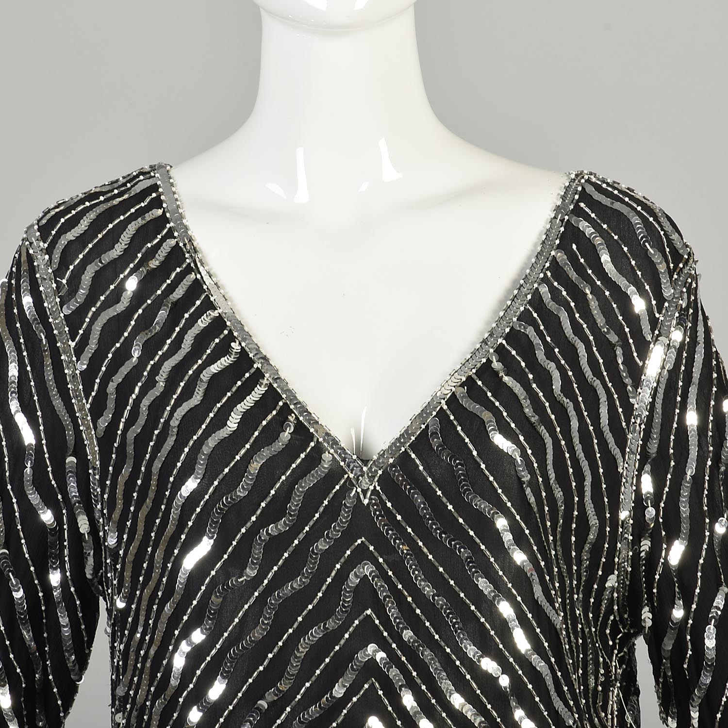 Medium 1970s Black Silk Dress Jagged Hem Silver Sequins Art Deco