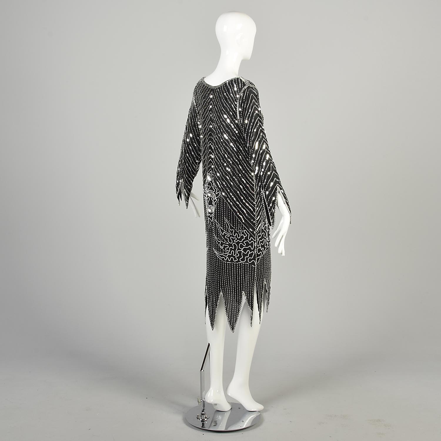Medium 1970s Black Silk Dress Jagged Hem Silver Sequins Art Deco