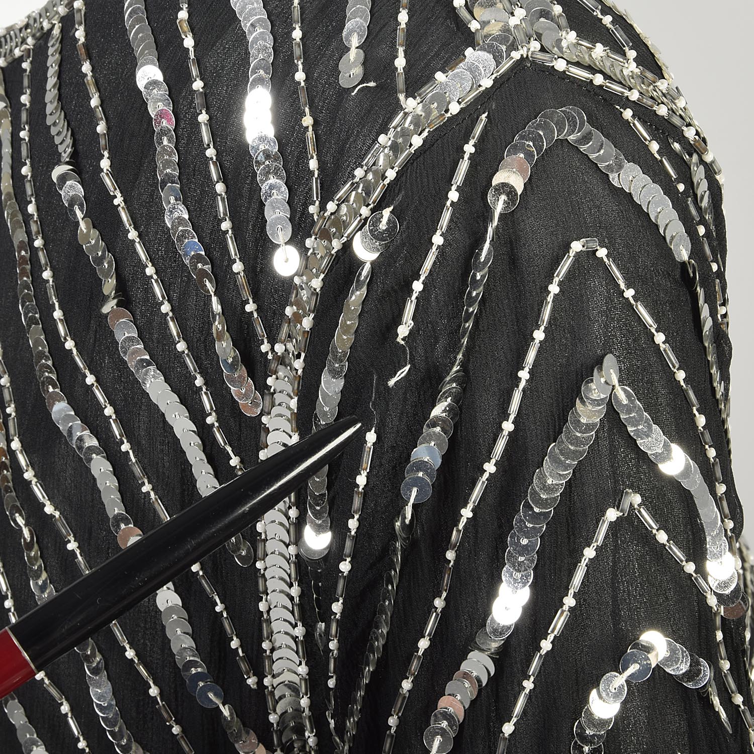 Medium 1970s Black Silk Dress Jagged Hem Silver Sequins Art Deco