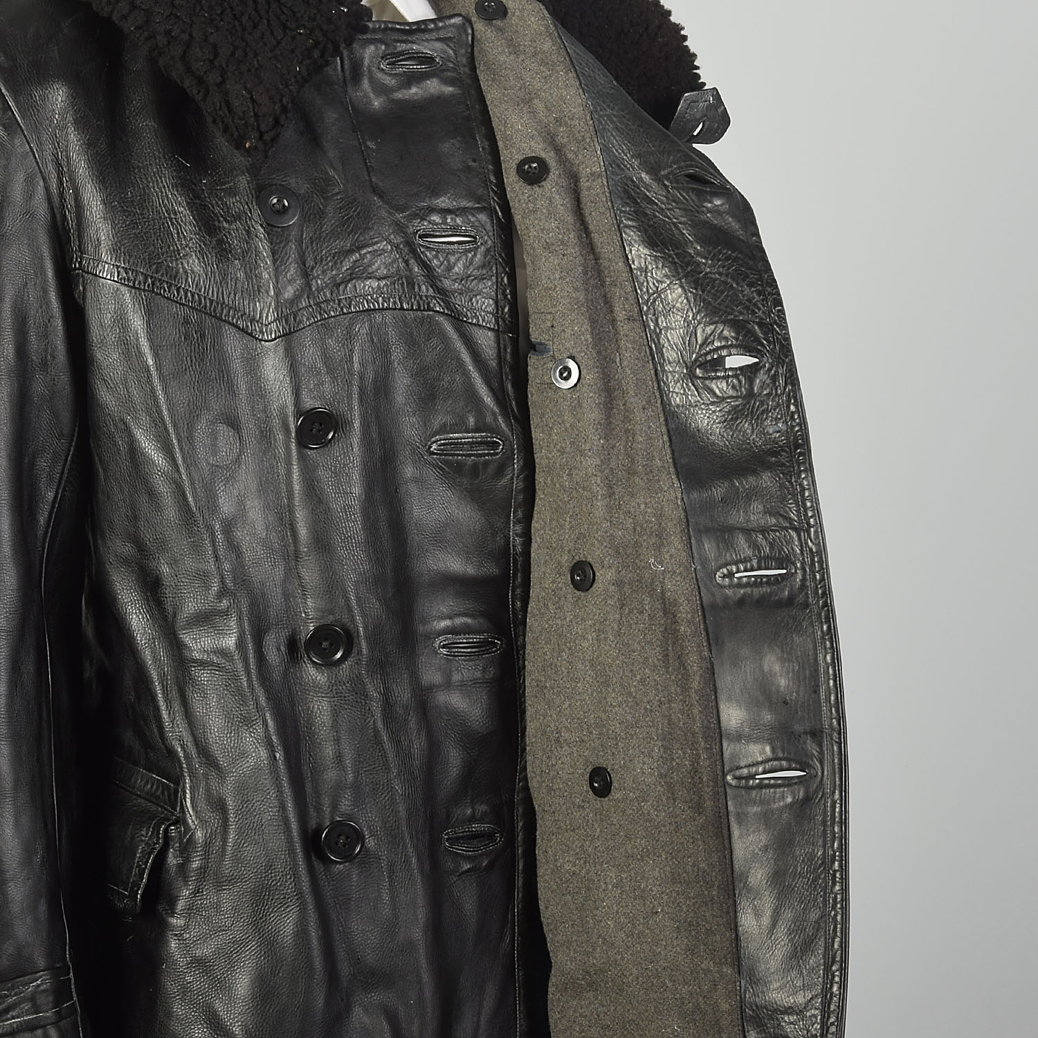 Medium 1940s WWII Black Horsehide Leather Military Swedish Coat