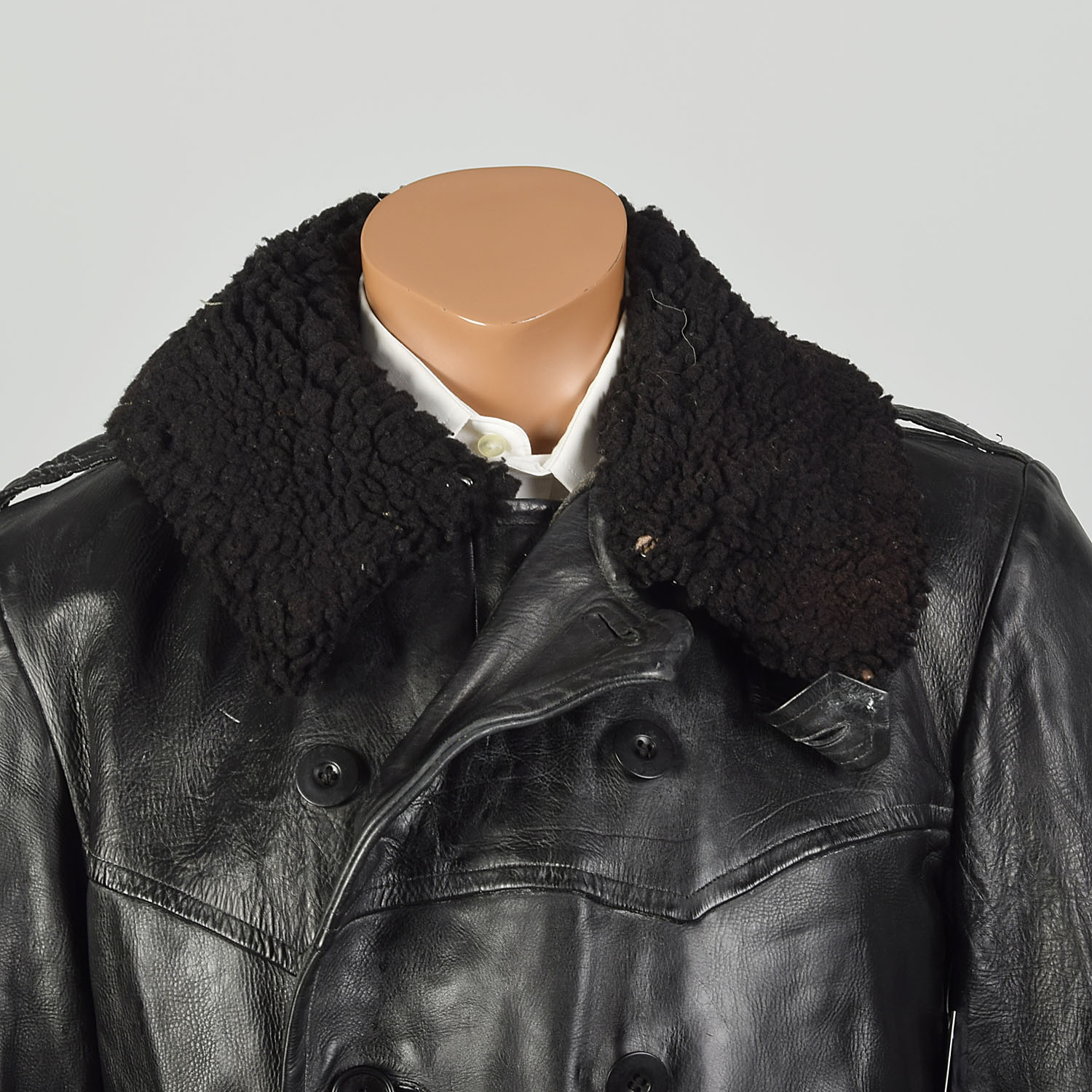 Medium 1940s WWII Black Horsehide Leather Military Swedish Coat
