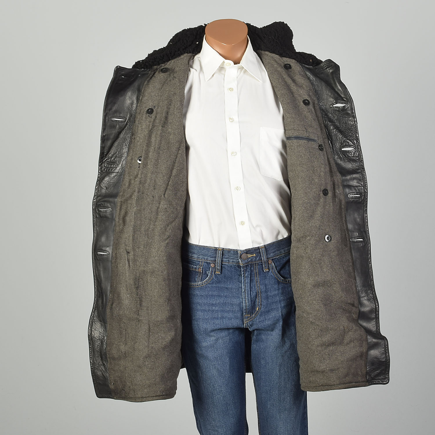 Medium 1940s WWII Black Horsehide Leather Military Swedish Coat