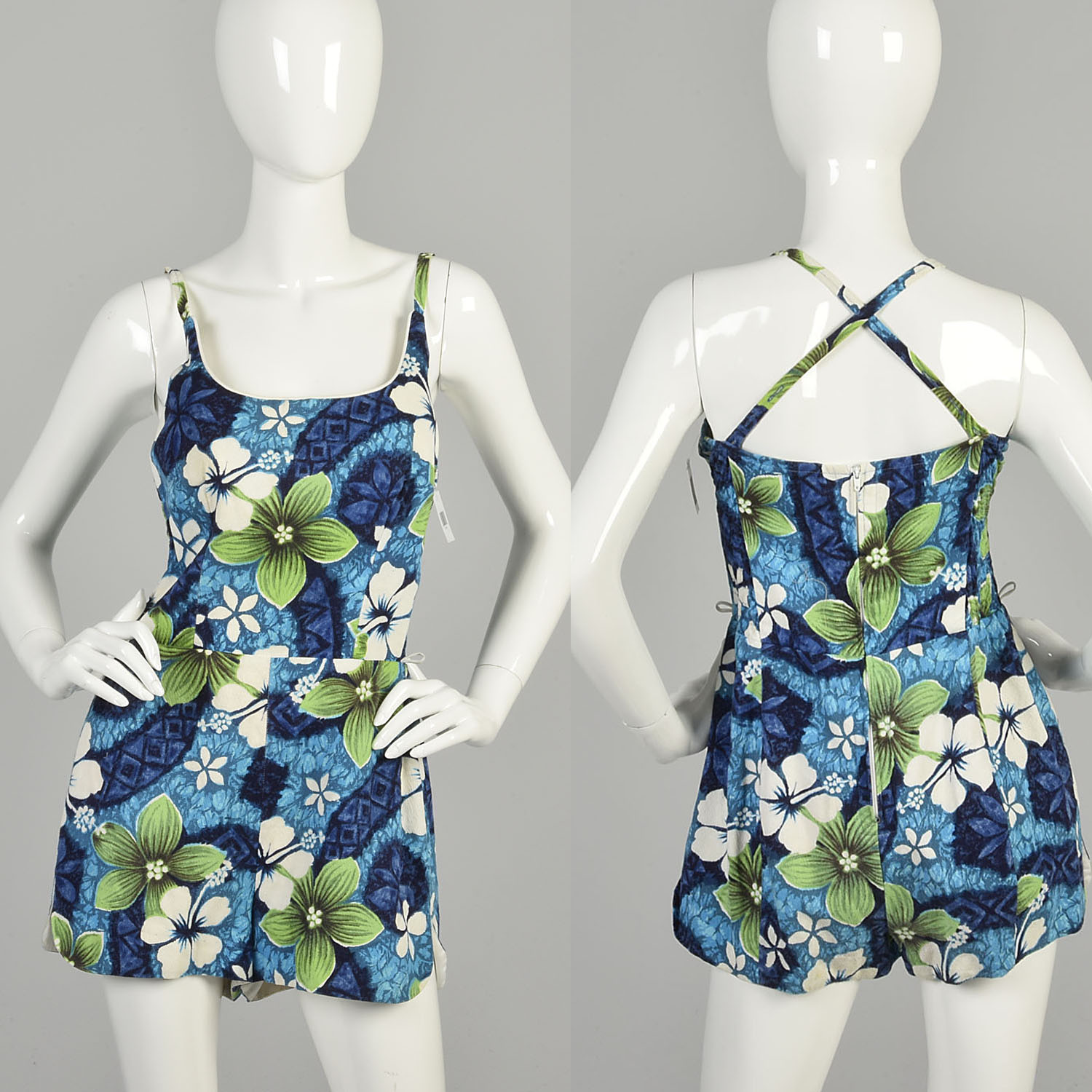 M-L 1960s Hibiscus Playsuit Blue Green Tropical Tiki Hawaiian