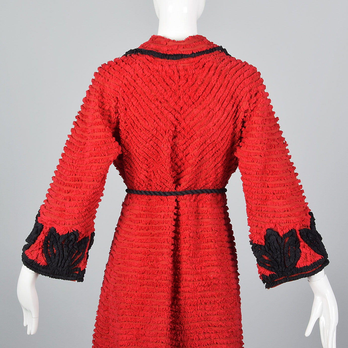 M 1930s Chenille Robe Red Black Sleepwear Loungewear VTG 30s Housecoat