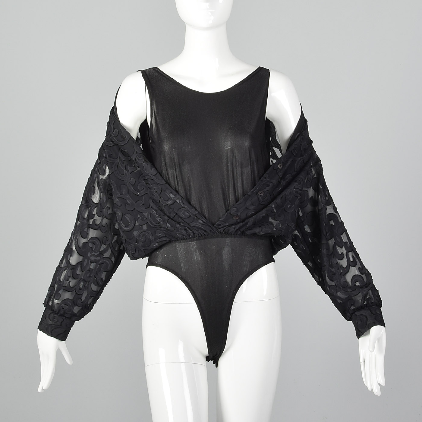 XXS 1980s Black Bodysuit Layered Blouse VTG Leotard Snap Crotch Button Up Blouse eBay