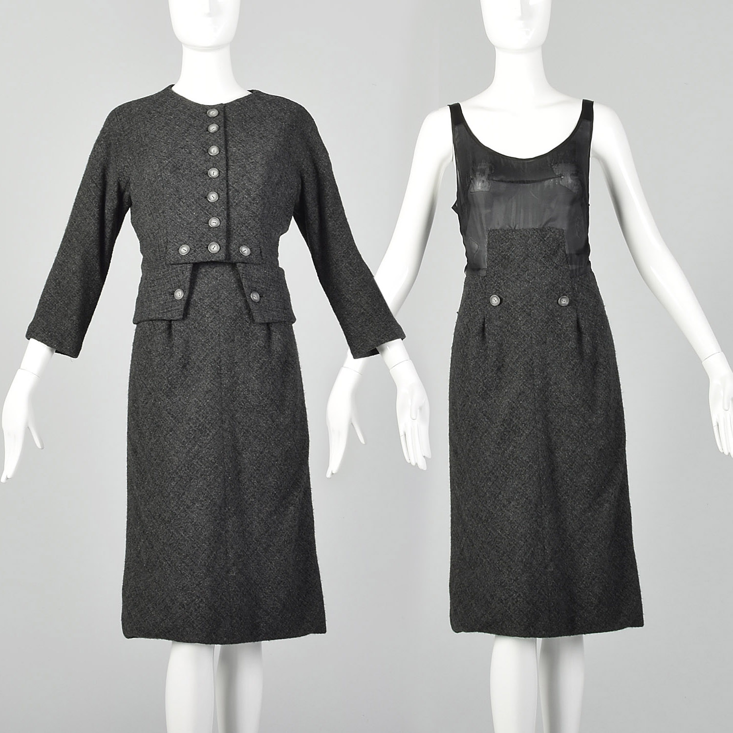 1960s Galanos Gray Wool Tweed Two Piece Dress Set Designer Outfit Classic Style