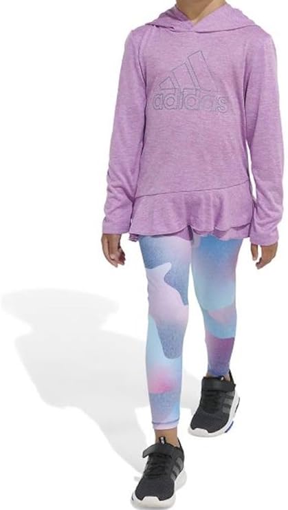 adidas Girls Curved Front Hooded Mélange Shirt Top & Tight Set - Picture 5 of 5