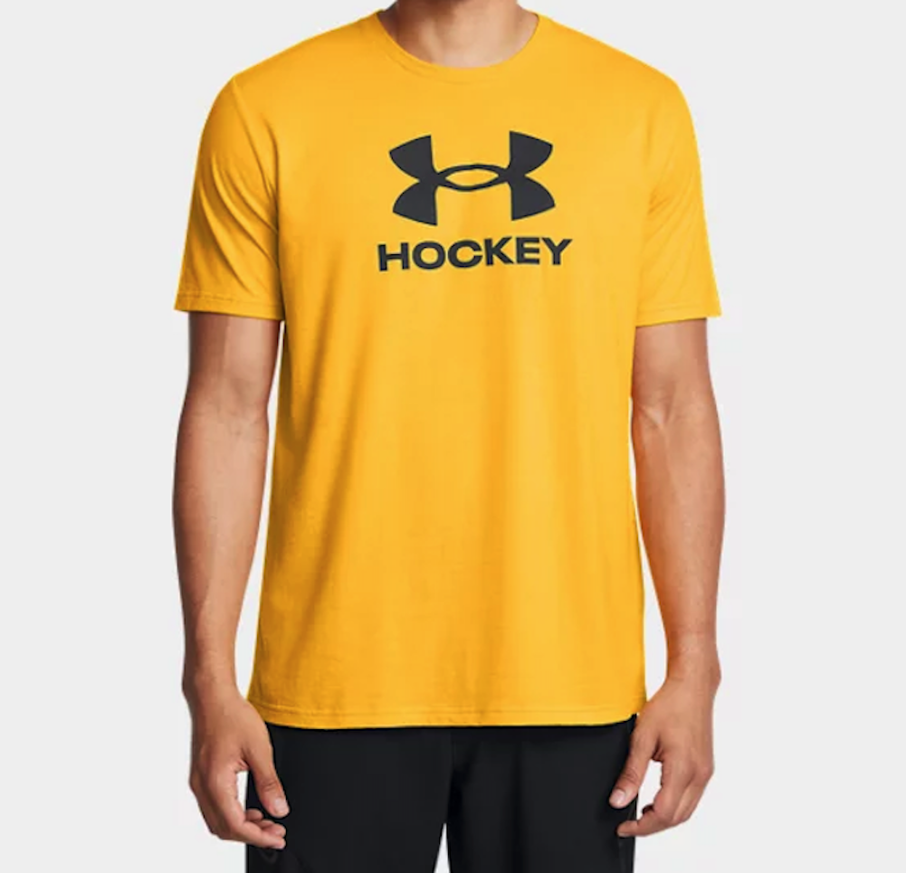 Under Armour Men's Short Sleeve UA Hockey T-Shirts Top Steeltown Gold / Mod Gray - Picture 8 of 16