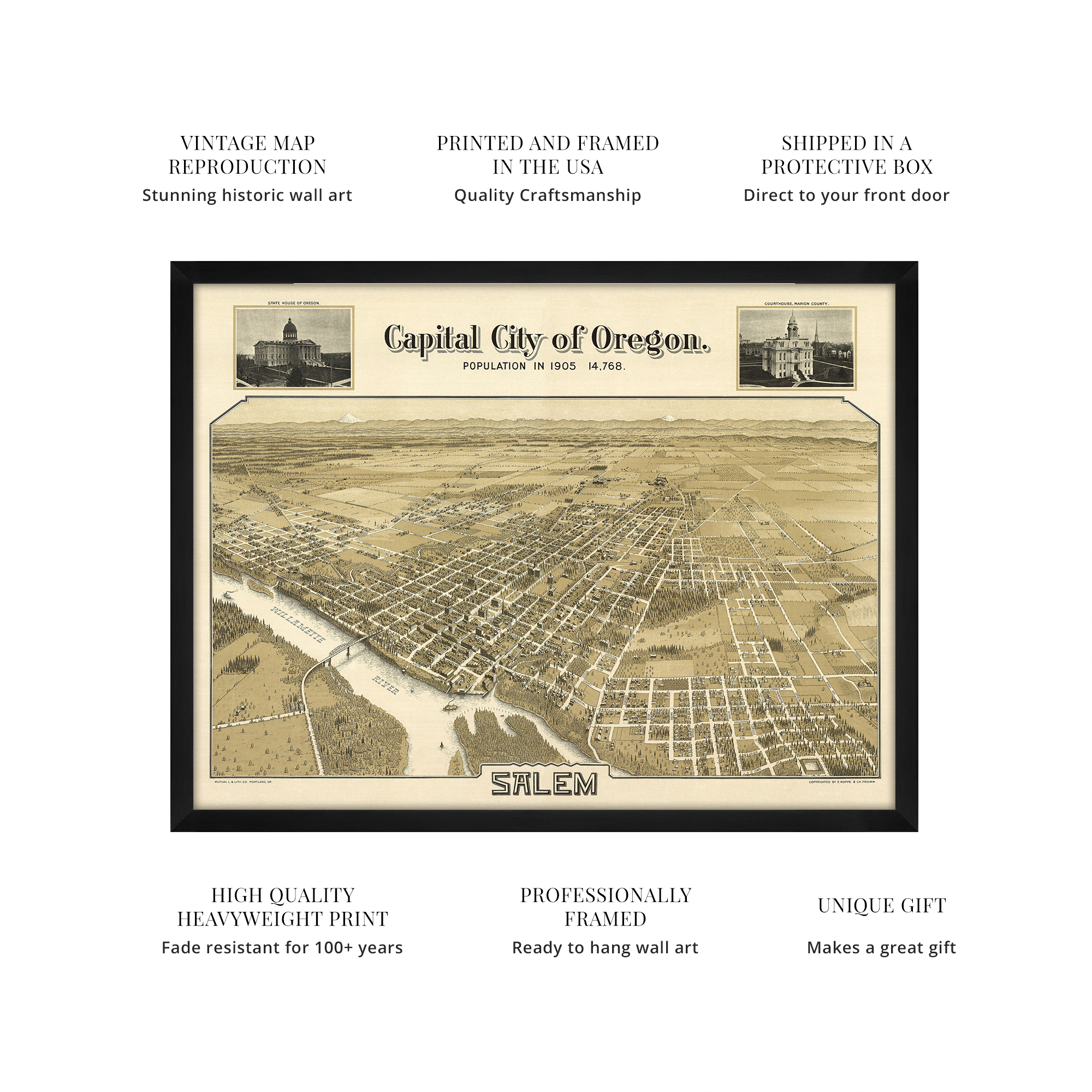 1905 Salem Oregon Map - Framed Vintage Salem City State of Oregon Map Wall Art - Picture 10 of 56