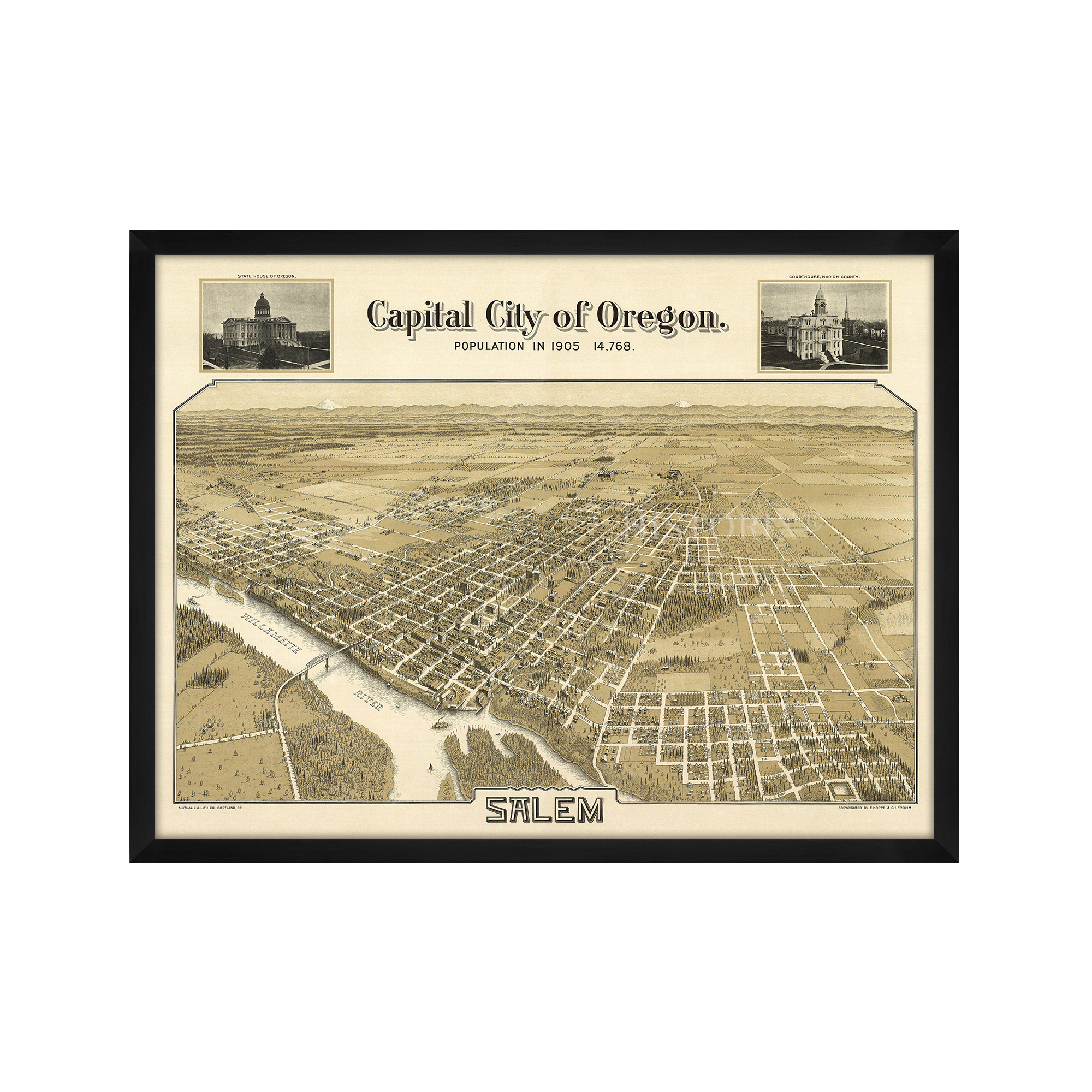 1905 Salem Oregon Map - Framed Vintage Salem City State of Oregon Map Wall Art - Picture 15 of 56