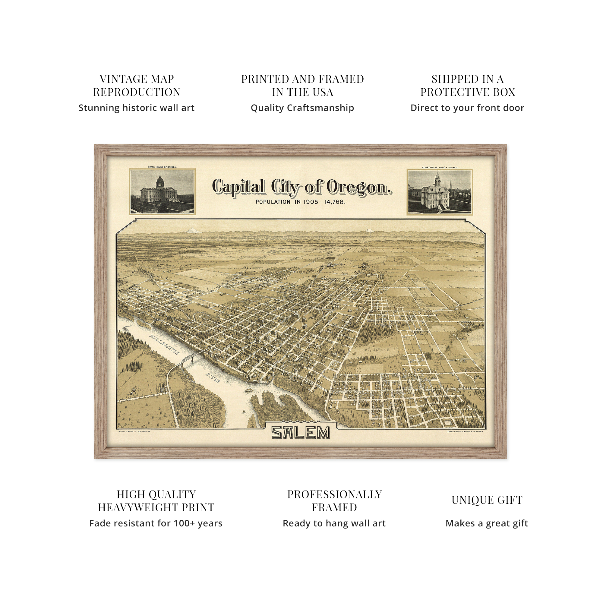 1905 Salem Oregon Map - Framed Vintage Salem City State of Oregon Map Wall Art - Picture 22 of 56