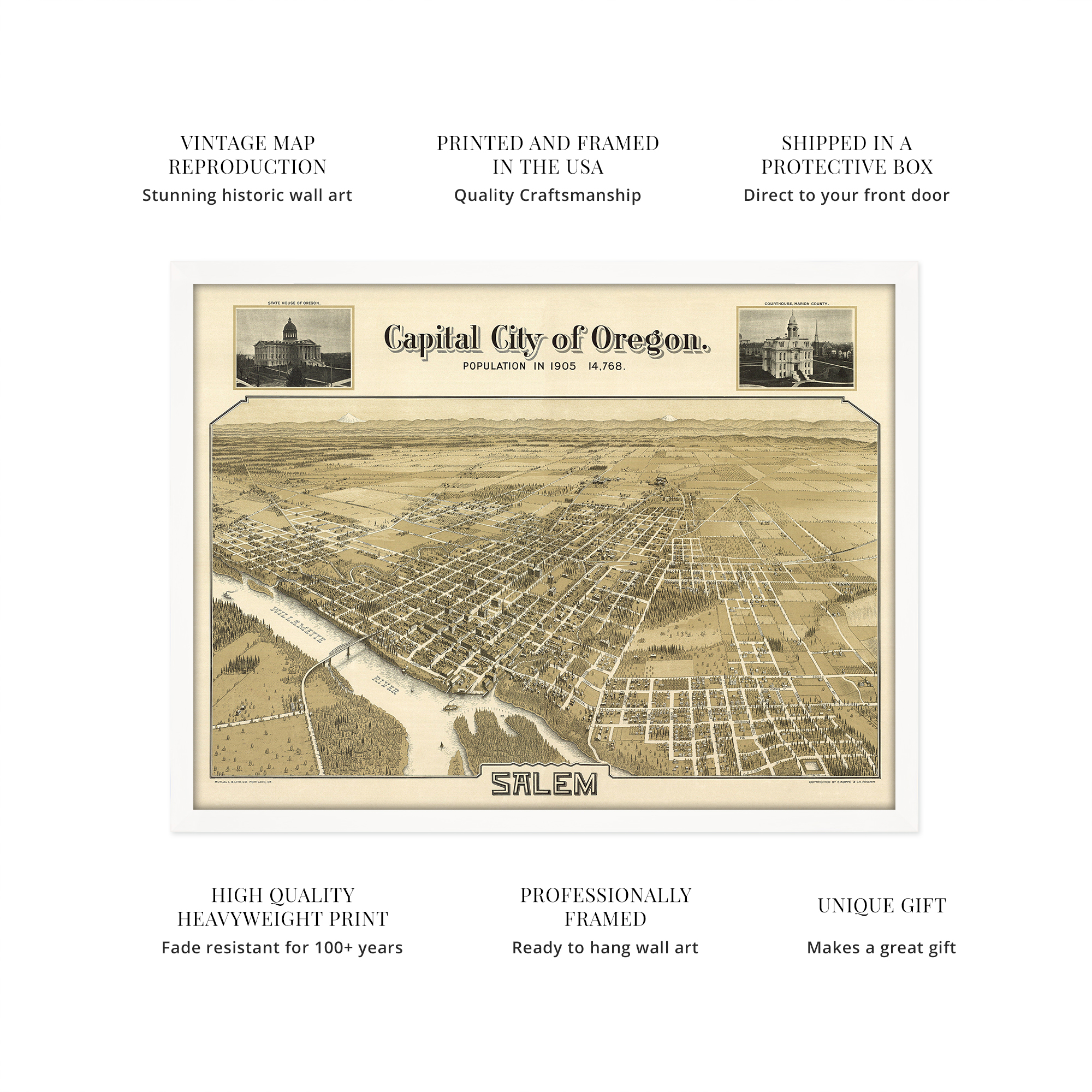 1905 Salem Oregon Map - Framed Vintage Salem City State of Oregon Map Wall Art - Picture 34 of 56