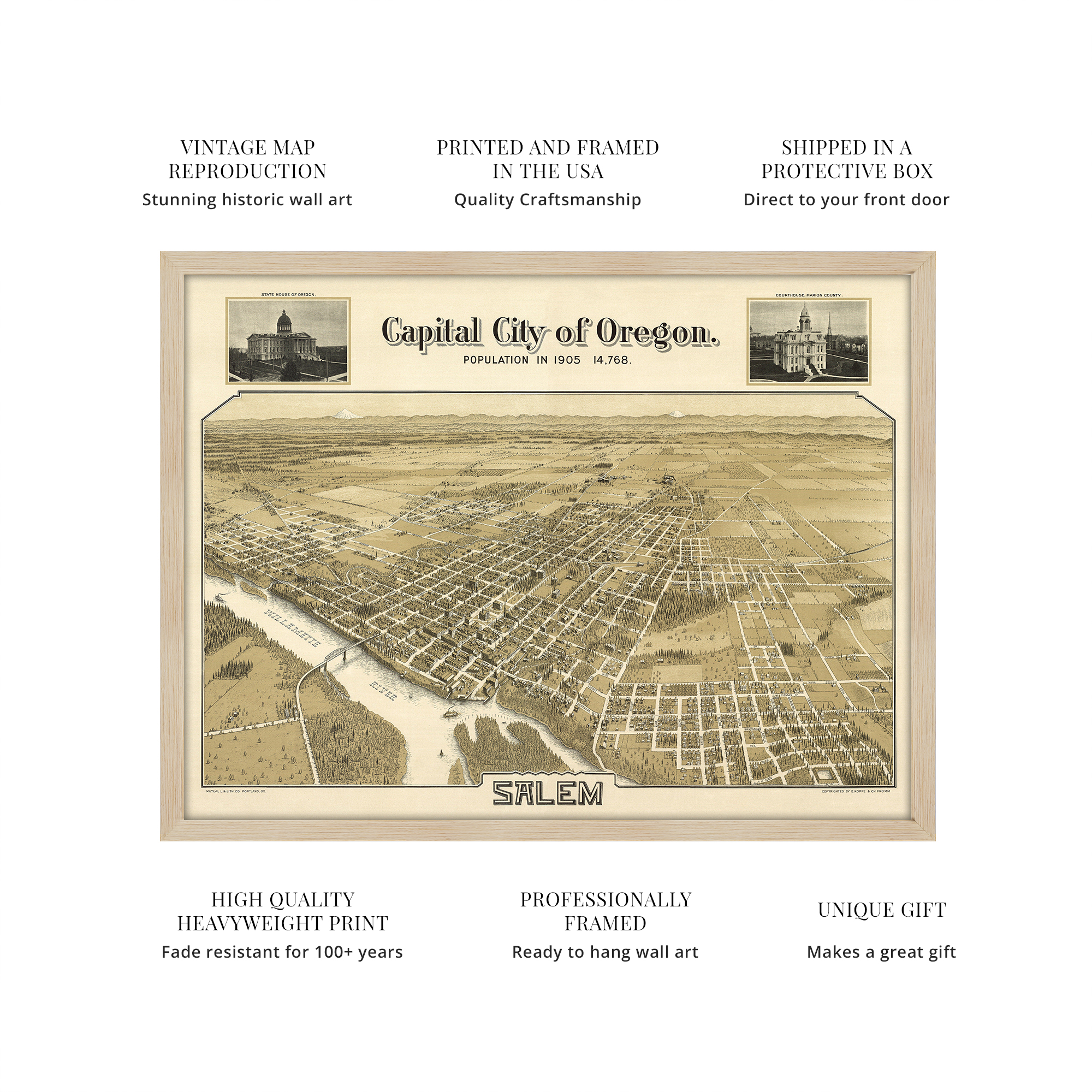 1905 Salem Oregon Map - Framed Vintage Salem City State of Oregon Map Wall Art - Picture 53 of 56