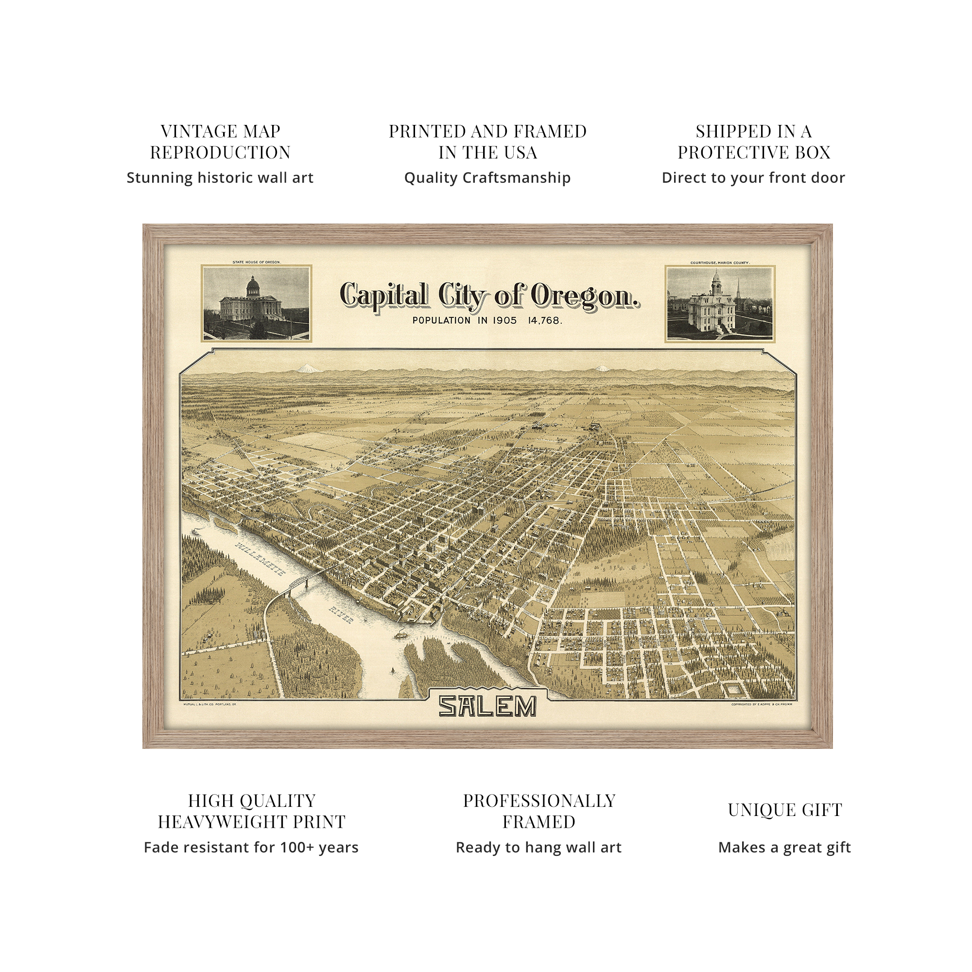 1905 Salem Oregon Map - Framed Vintage Salem City State of Oregon Map Wall Art - Picture 29 of 56