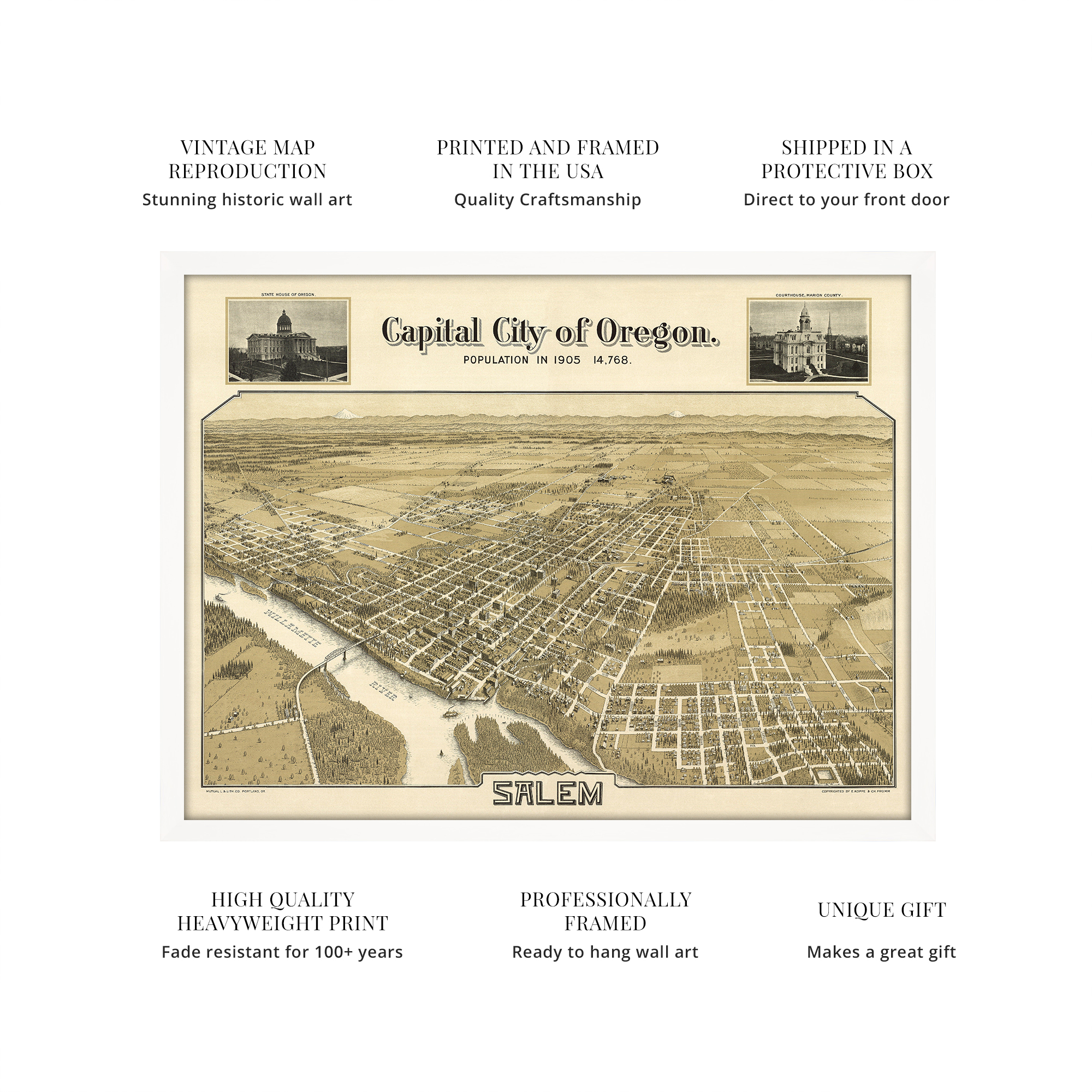 1905 Salem Oregon Map - Framed Vintage Salem City State of Oregon Map Wall Art - Picture 41 of 56