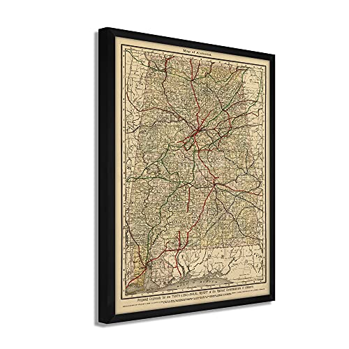 1888 Map of Alabama – Framed Vintage Alabama Map Wall Art Poster Print
