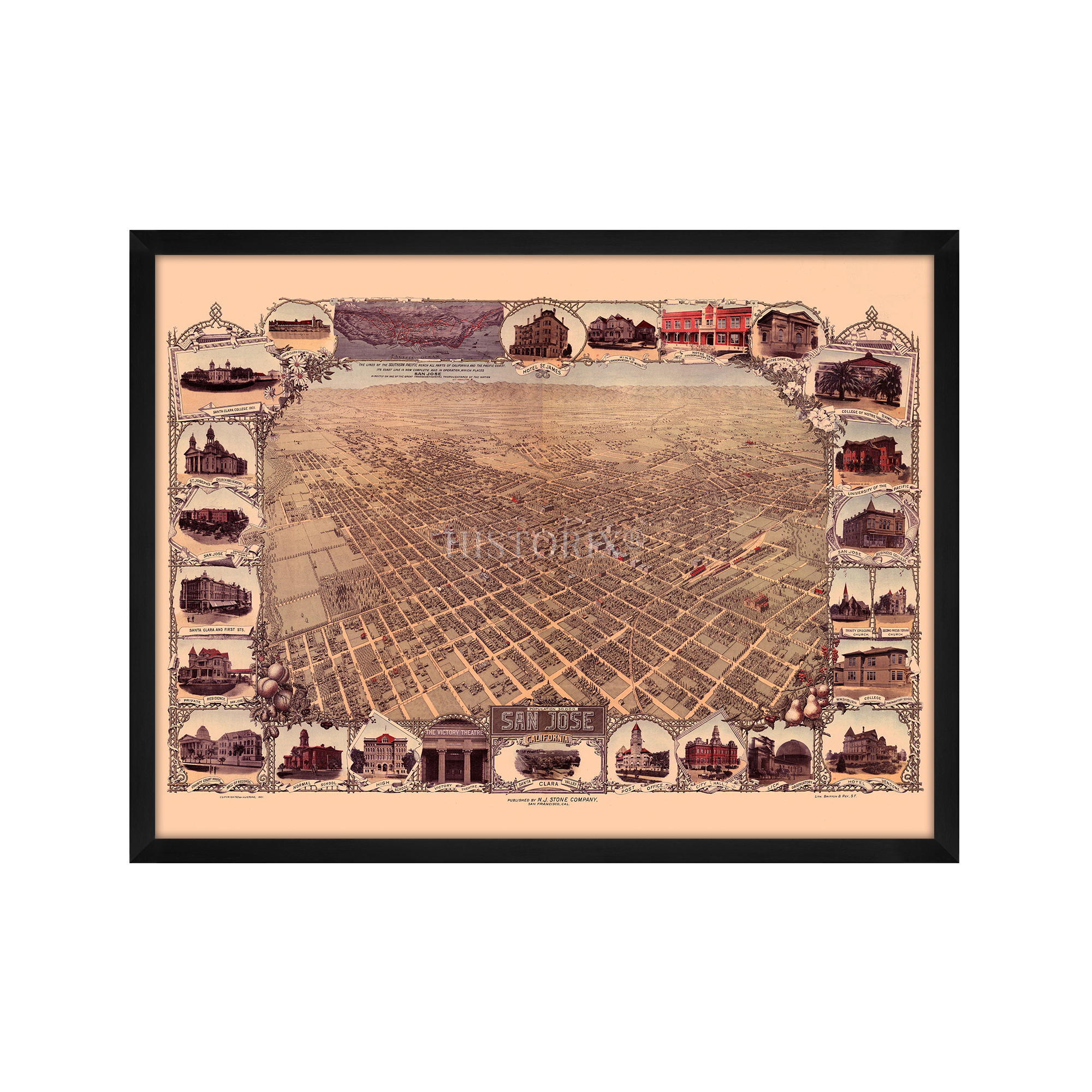 1901 San Jose California Map - Framed Vintage San Jose Wall Art Poster Print - Picture 15 of 56