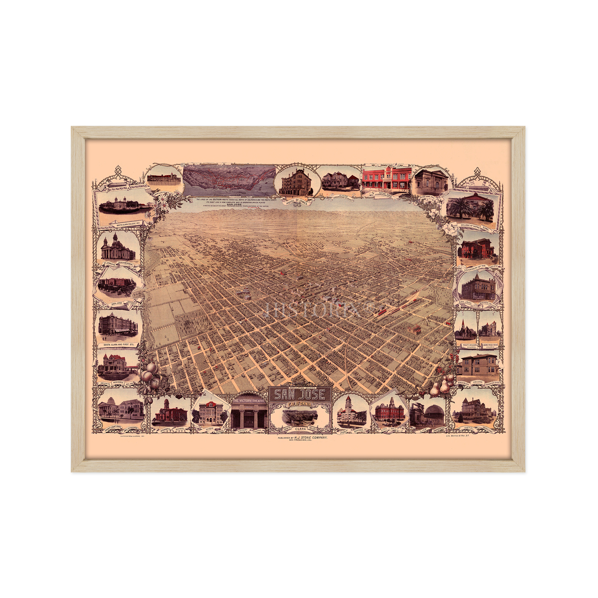 1901 San Jose California Map - Framed Vintage San Jose Wall Art Poster Print - Picture 27 of 56