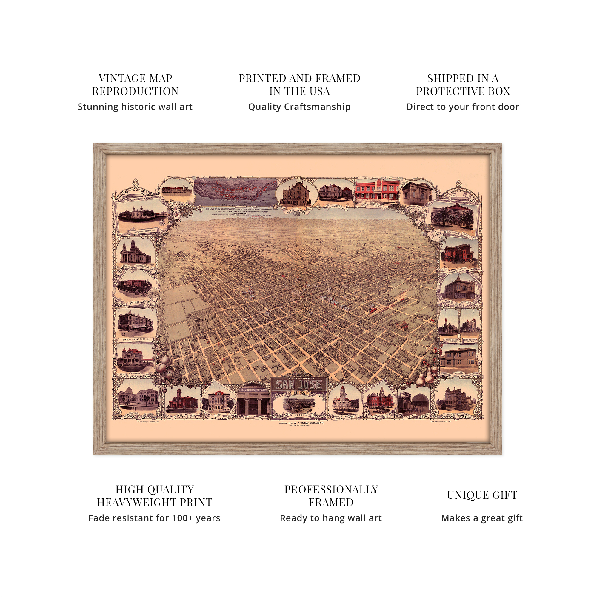 1901 San Jose California Map - Framed Vintage San Jose Wall Art Poster Print - Picture 34 of 56