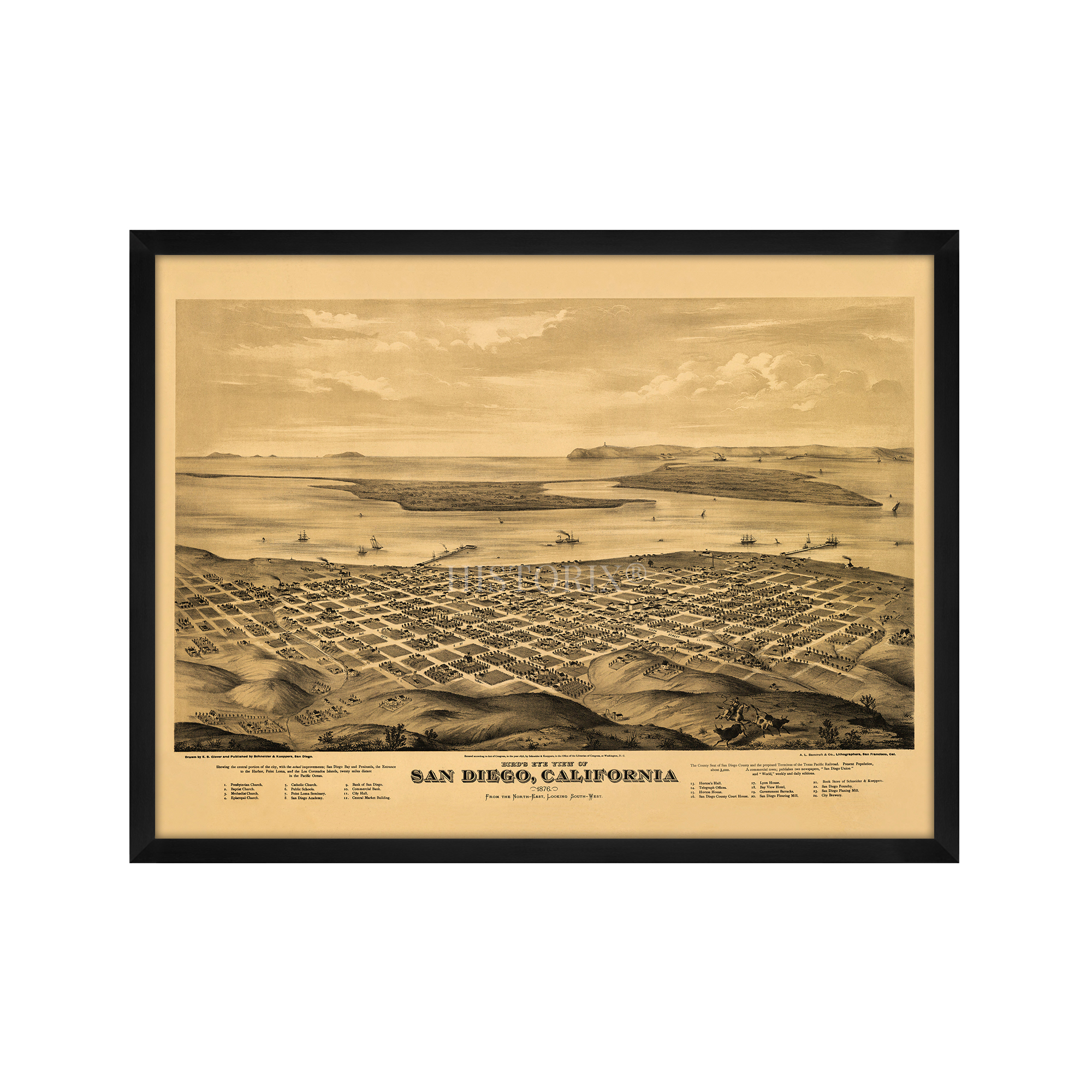 1876 San Diego Map - Framed Vintage San Diego Map History Wall Art Poster Print - Picture 15 of 56