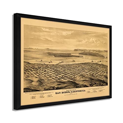 1876 San Diego Map - Framed Vintage San Diego Map History Wall Art Poster Print - Picture 9 of 56