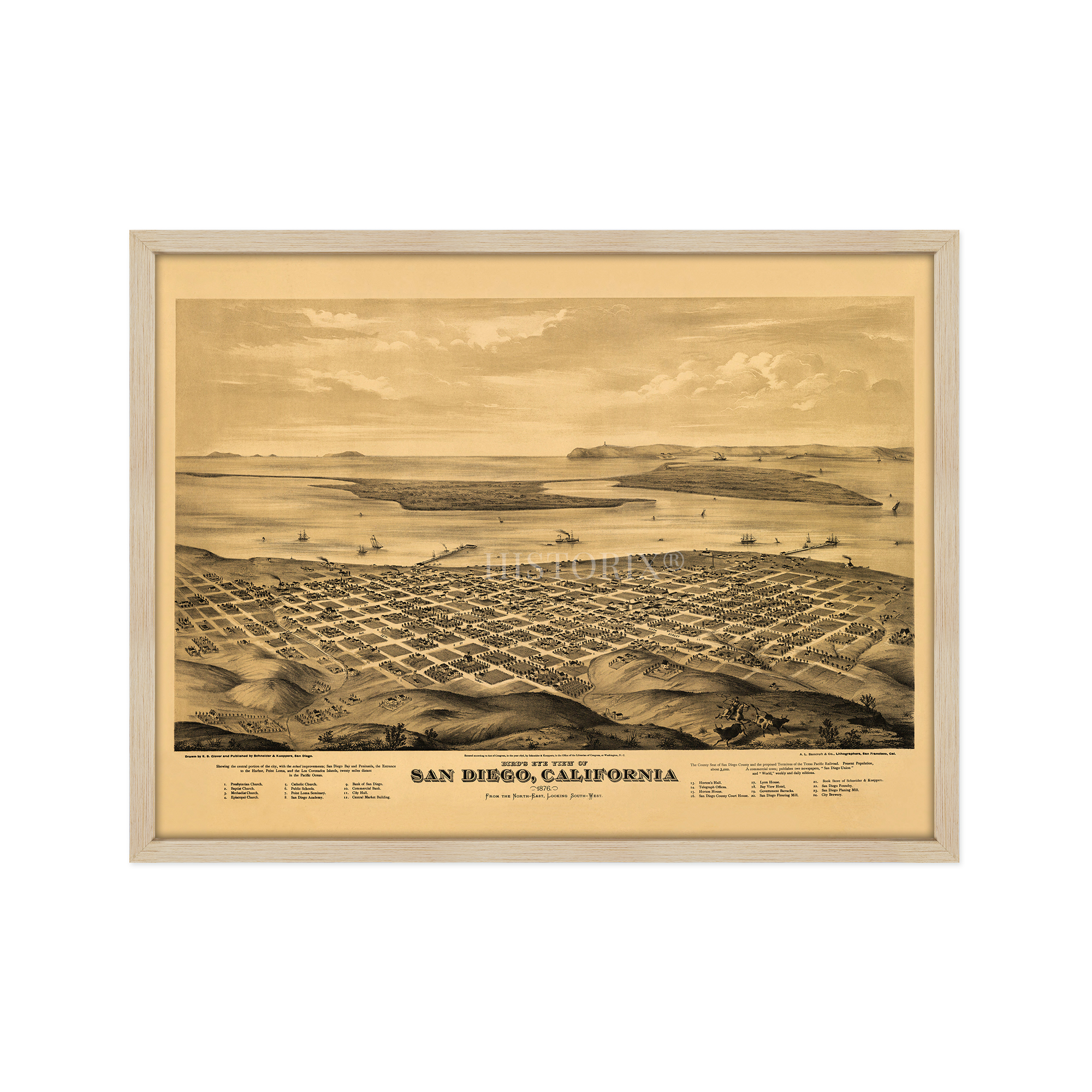 1876 San Diego Map - Framed Vintage San Diego Map History Wall Art Poster Print - Picture 27 of 56
