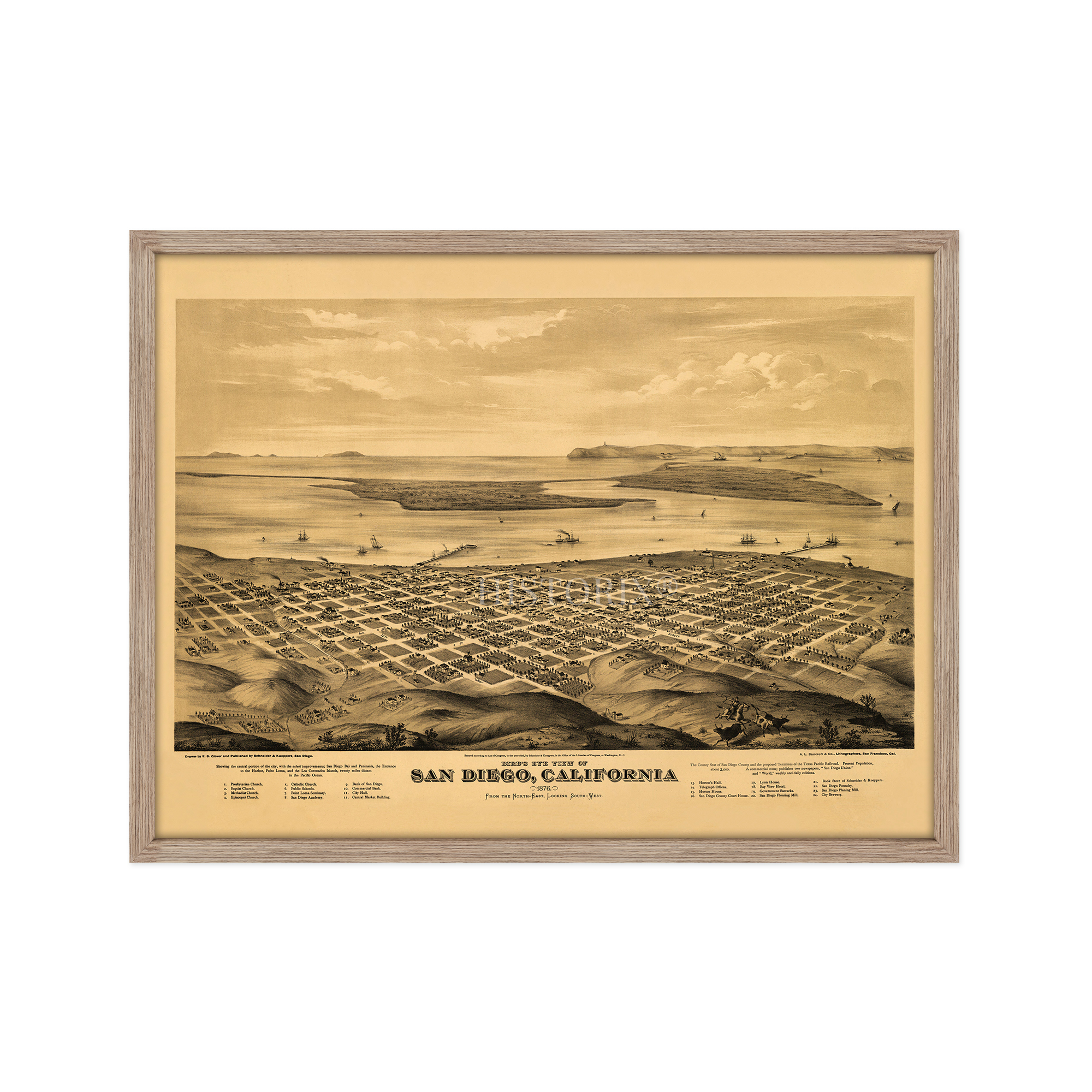 1876 San Diego Map - Framed Vintage San Diego Map History Wall Art Poster Print - Picture 39 of 56