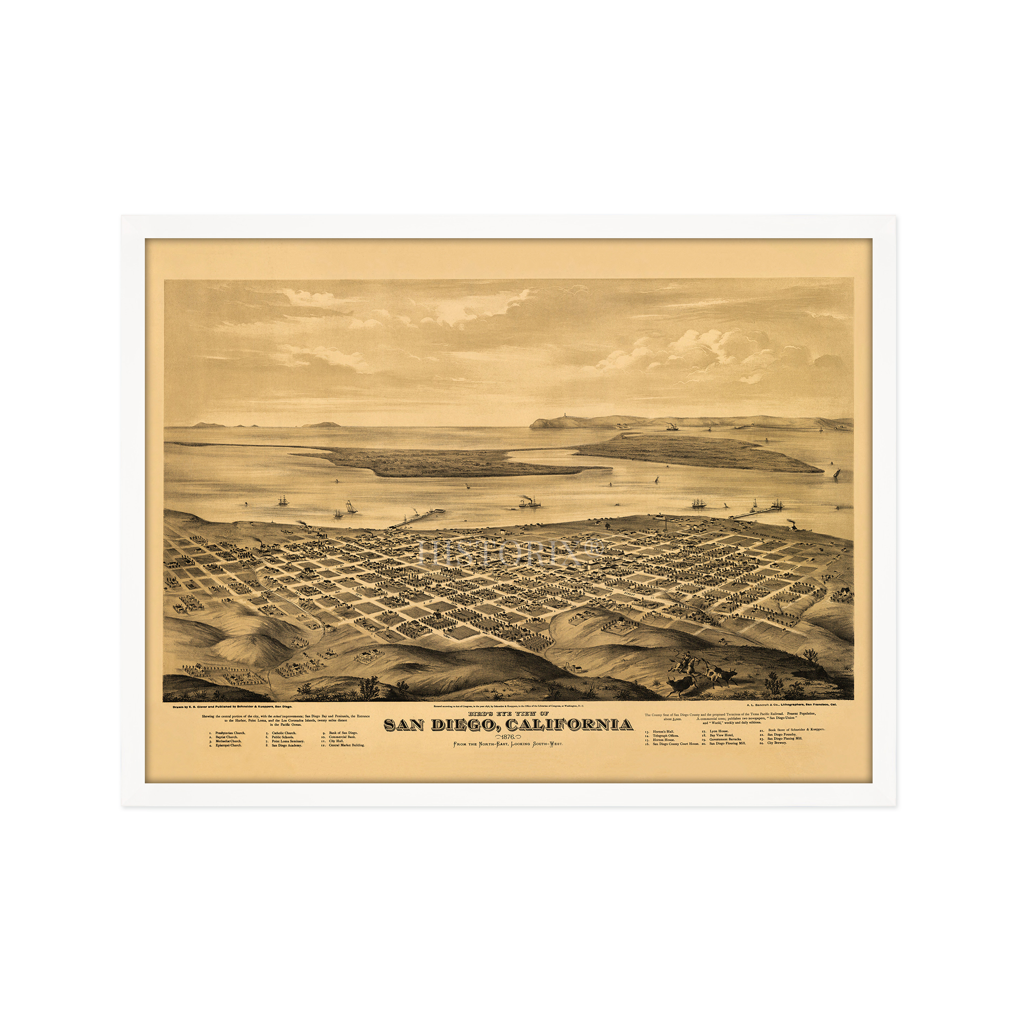 1876 San Diego Map - Framed Vintage San Diego Map History Wall Art Poster Print - Picture 51 of 56