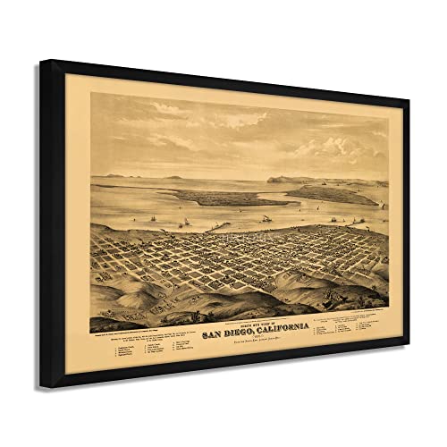 1876 San Diego Map - Framed Vintage San Diego Map History Wall Art Poster Print - Picture 16 of 56
