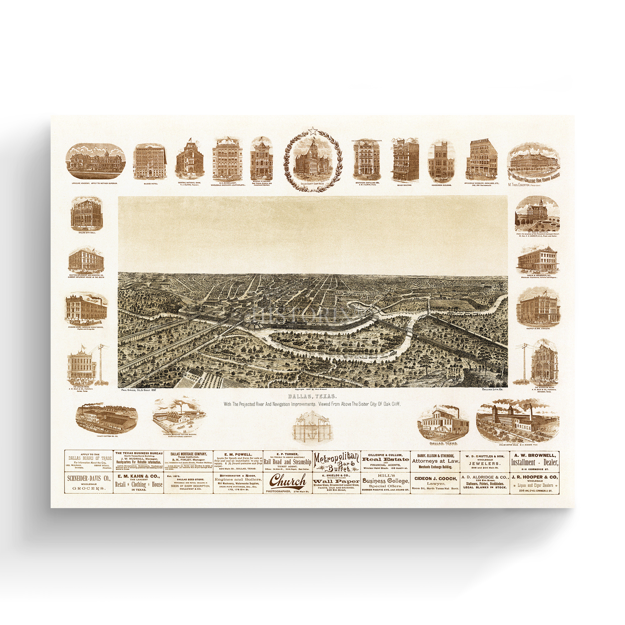 1892 Dallas Texas Map - Canvas Wrap Vintage Dallas Map Wall Art Poster Print - Picture 9 of 16