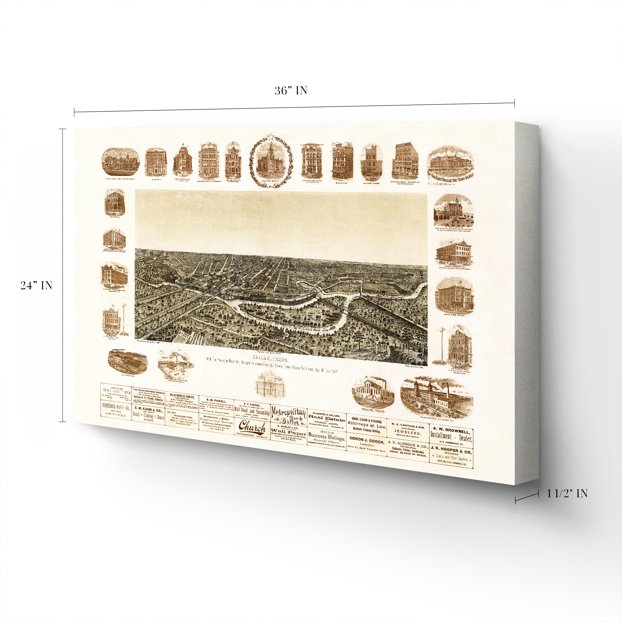 1892 Dallas Texas Map - Canvas Wrap Vintage Dallas Map Wall Art Poster Print - Picture 12 of 16